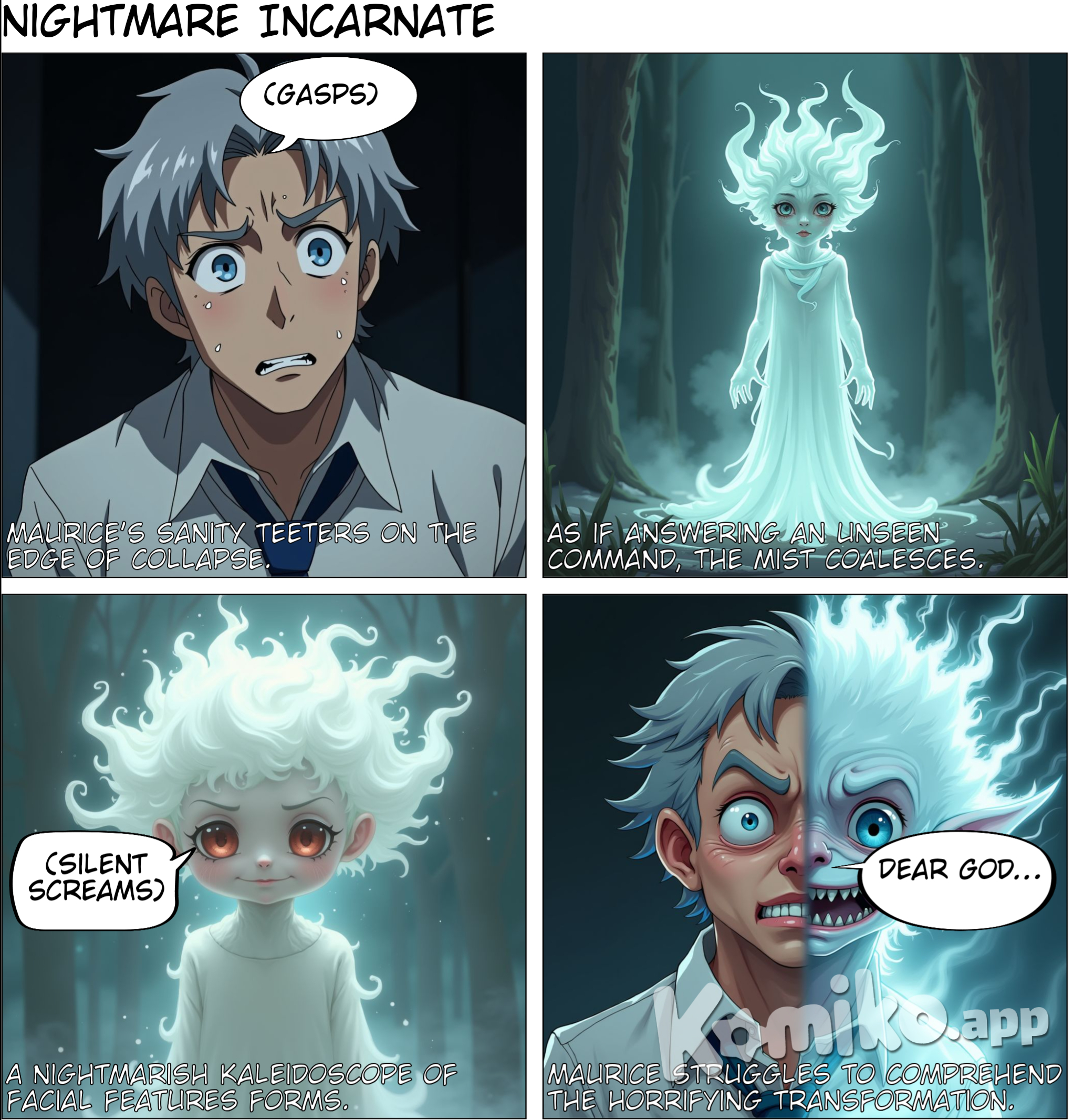 As if responding to an unseen command, the spectral child's head suddenly materializes, its features forming out of the swirling, ethereal mist. The head is a grotesque amalgamation of faces, shifting and changing with each passing moment—a nightmarish kaleidoscope of eyes, noses, and mouths that seem to scream in silent agony. Maurice, his sanity teetering on the edge, stifles a cry of terror as he watches the apparition, his mind struggling to comprehend the horrifying transformation unfolding before his eyes.