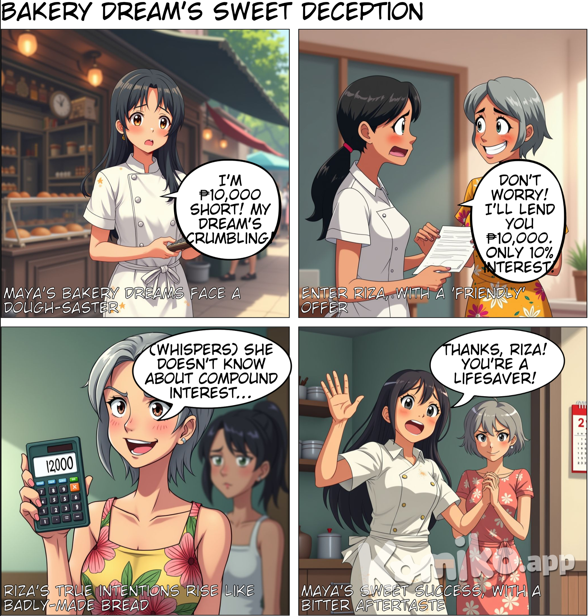 Maya was worried about opening her bakery because she was short ₱10,000. Her friend, Riza, offered to lend her the money with a simple interest rate of 10% for two years, which meant Maya would only owe an extra ₱2,000. Riza explained that Maya would only need to pay ₱500 a month, making it easy to manage her debt. Maya was overjoyed, relieved that she could finally open her bakery without stressing about complicated interest rates.