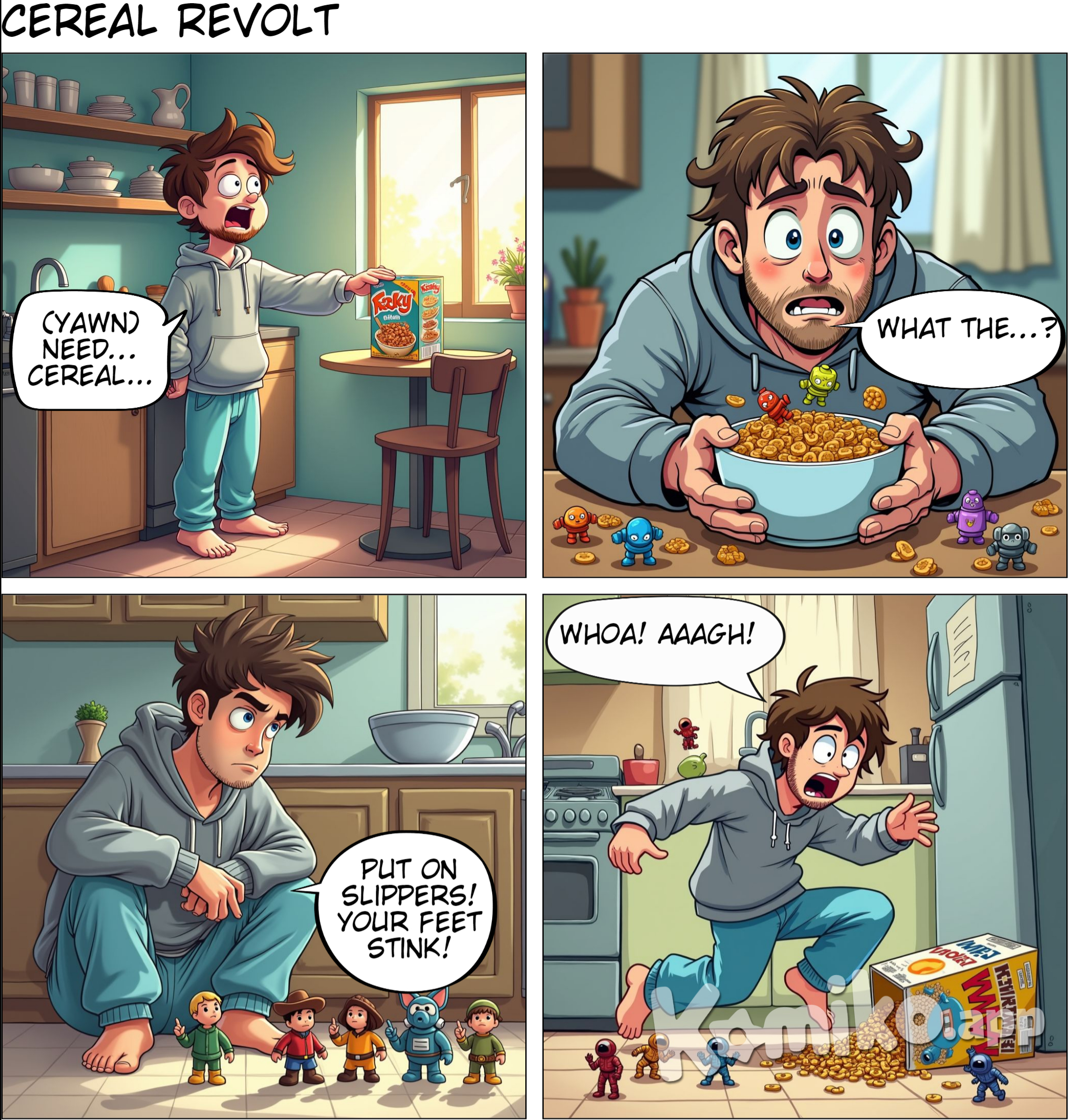 A male white character barefoot in pajamas and a grey hoodie trying to eat breakfast as miniature toys from the cereal box come out of it and tell him to put on slippers because his feet stink as the male protagonist looks annoyed and slips on the cereal as he gets out of the kitchen.