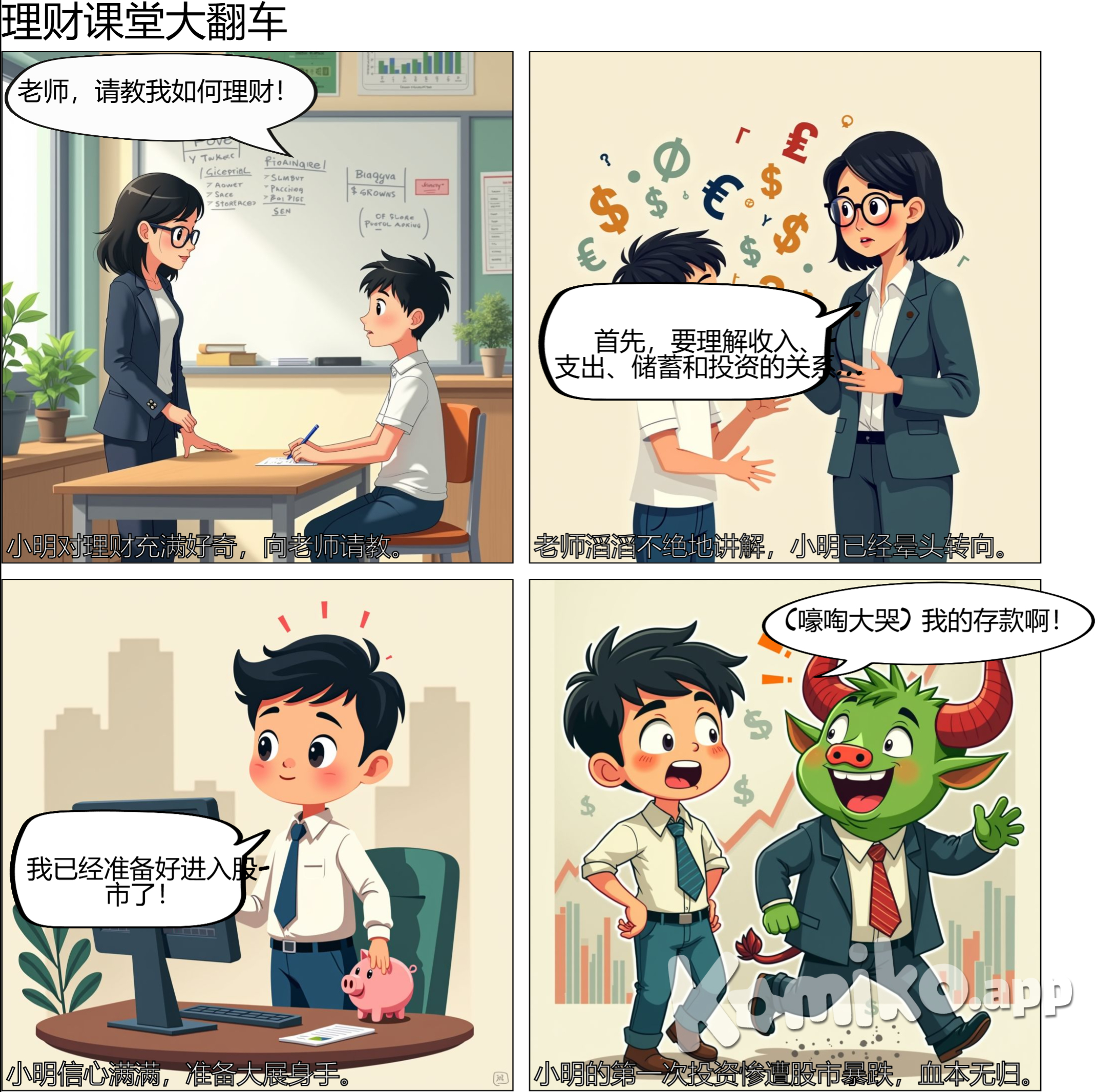 小明：老师，我对理财很感兴趣，但我不知道该从哪里开始。您能给我讲讲吗？  老师：当然可以，小明！理财其实并不复杂。首先，我们需要了解几个基本概念：收入、支出、储蓄和投资。  小明：那这几个概念之间有什么关系呢？  老师：很好的问题！我们可以把它们看成一个循环。首先，你计算收入，比如你的工资。然后，你需要制定一个预算，管理你的支出。收入赤字支出，就是你的赤字最后，这部分可以用于投资，以实现财富的增值。  小明：听起来很简单，但如何制定预算呢？  老师：制定预算的关键支出并分析你的支出。建议你把每月的支出支出几类，比如：生活费、娱乐支出、交通费等。了解每类支出记录占你收入的比重后，你就能根据实际情况进行调整。  小明：我明白了！但是如果我想投资，有哪些选择呢？  老师：投资有很多种选择，常见的包括股票、债券、基金和房地产。最多种投资方式都有其风险和收益，你需要根据自己的风险承受能力和投资目标来选择。  小明：哦，听起来我需要更多的学习。有什么建议吗？  老师：当然！刚开始时，可​​以考虑定投指数基金。这是一种比较简单且风险相对低的投资方式。你可以设定一个固定的投资金额，每月自动购买，这样就能平摊市场波动的风险。  小明：非常感谢老师！那我还需要关注什么？  老师：除了学习投资知识，增强财务安全意识也是非常的。建立紧急基金，通常是你3到6个月的生活费用，以应对突发的重要情况。另外，要确保你有适当的保险，保护自己和家人的财务安全。  小明：我已经记下来了。有什么开始理财的小计划吗？  老师：是的，开始之前，先设定一些具体的理财目标。例如，你想存多少钱用于旅游？或者想在多长时间内实现某个目标？这样可以帮助你维持动力并做出相应的目标的财务决策。  小明：谢谢老师，我信心十足了！我首先要从制定预算和学习投资开始。  老师：很好，小明！理财是一个长期的过程，保持学习的心态，祝你在财务自由的道路上越走越远！