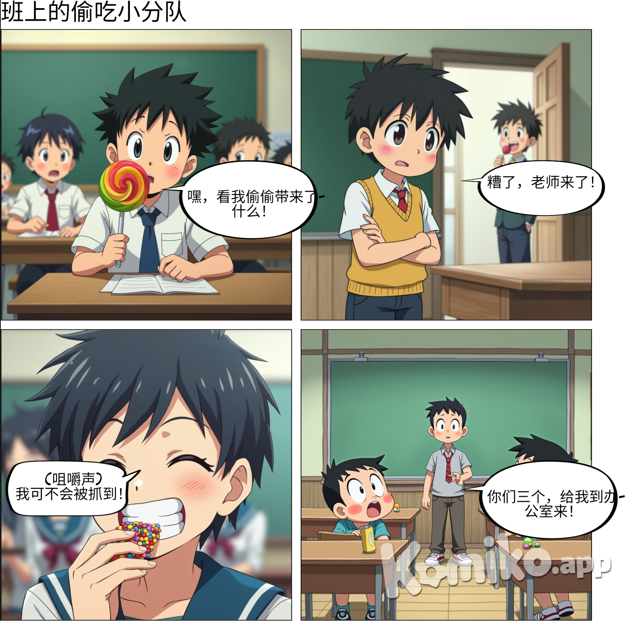  Gaint, Nobita and Suneo chat in class while eating a snack