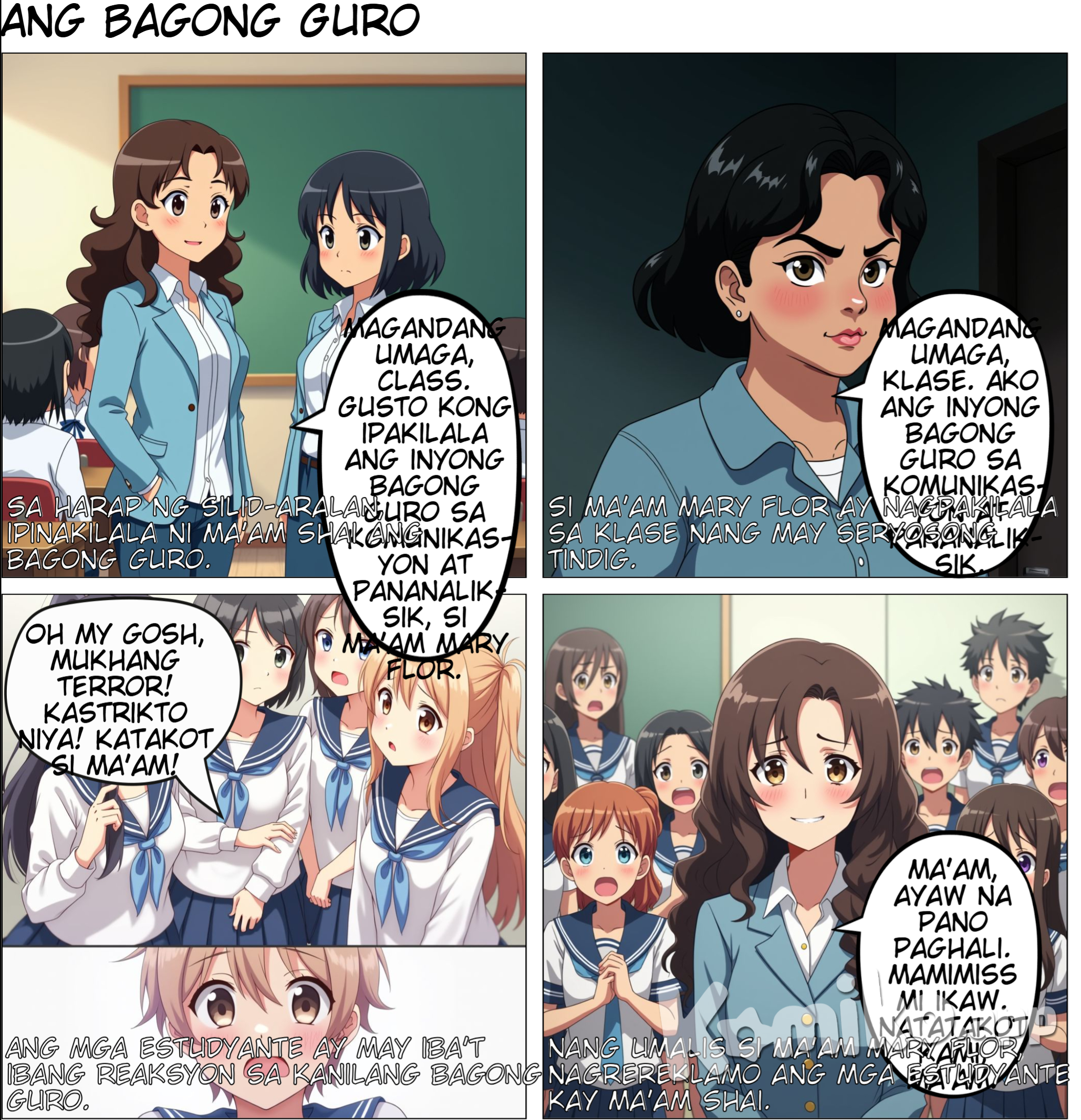 Pagpapakilala  1. Eksena: Sa harap ng room, nakatayo sila Ma’am Shai tas Ma’am Mary Flor. and then mal lagay ka ng  mga estudyante sa background na nakaupo sa kanilang mga upuan, curious ang ekspresyon ng mukha.    Ma’am Shai: "Magandang umaga, class. Gusto kong ipakilala ang inyong bagong guro sa Komunikasyon at Pananaliksik, si Ma’am Mary Flor."  Ma’am Mary Flor: (Walang sinasabi, pero medyo seryoso ang mukha, diretso ang tindig medyo chubby ang body type, may cheeks, short hair, morena.) (dapat bagan an mukha ni maam mary flor saro lang sa gabos na par    (sa drawing)  Ma’am Shai: Maamo at magiliw ang mukha curly hair na medj mahaba.  Ma’am Mary Flor: May parehong uniform o kasuotan kay Ma’am Shai pero  medyo chubby ang body type, may cheeks, short hair, morena.   -------------------   draw ng Close-up kay Ma’am Mary Flor habang nagsasalita sa harap ng klase.     Ma’am Mary Flor: "Magandang umaga, klase. Ako ang inyong bagong guro sa Komunikasyon at Pananaliksik."    ( Drawing)  Medyo  matapang ang tingin and parang napakaistrikto ng aura medyo chubby ang body type, may cheeks, short hair, morena. and medyo dark unti ang shadow sa background ang parabf creepy aura      ----------------------     Nasa klase, close-up sa iba’t ibang estudyante habang iniisip ang kanilang reaksyon.   (Isip ng mga estudyante):  Estudyante 1: "Oh my gosh, mukhang terror!"  Estudyante 2: "Kastrikto niya!"  Estudyante 3: "Katakot si Ma’am!"    (sa Drawing)  Iba-ibang emosyon sa mukha ng mga estudyante: shocked, worried, at may nagpapakitang takot.      ---------   Naiwan si Ma’am Shai   Umalis si Ma’am Mary Flor, naiwan si Ma’am Shai sa harap ng klase habang ang mga estudyante ay nagrereklamo.  ( dialog)  Estudyante 1: "Ma’am, ayaw na pano paghali."  Estudyante 2: "Mamimiss mi ikaw."  Estudyante 3: "Natatakot kami, Ma’am. Bagang terror teacher idto."   ( sa Drawing)  Ma’am Shai: Maamong nakangiti pero mukhang nag-aalala.  Estudyante: Sabay-sabay nagrereklamo, hawak pa ang dibdib, at may eksaheradong reaction na takot.      ---  Huwebes ng umaga   Naglalakad ang mga estudyante papunta sa silid-aralan, makikita sa background ang signage na "Kom at Pan."   ( Dialog)  Estudyante 1: "Hala, next subject na ang Kom at Pan."  Estudyante 2: (Nervous face) "Ano kayang mangyayari?"    ( sa Drawing:)  Lahat ng estudyante ay naglalakad nang mabagal, may worried expression at may pawis sa noo.      ----------------  Masaya ang Klase  Nasa loob ng silid-aralan, ang mga estudyante ay masiglang nakikinig at nakangiti. Si Ma’am Mary Flor ay nakatayo sa harap at mukhang approachable.   ( Dialog)  Estudyante: "Ang saya pala ni Ma’am Mary Flor!"    ( sa Drawing)  Si Ma’am Mary Flor: Mas relaxed ang ekspresyon, nakangiti habang nagtuturo.  Estudyante: Tuwang-tuwa, nakataas ang kamay para sumagot.