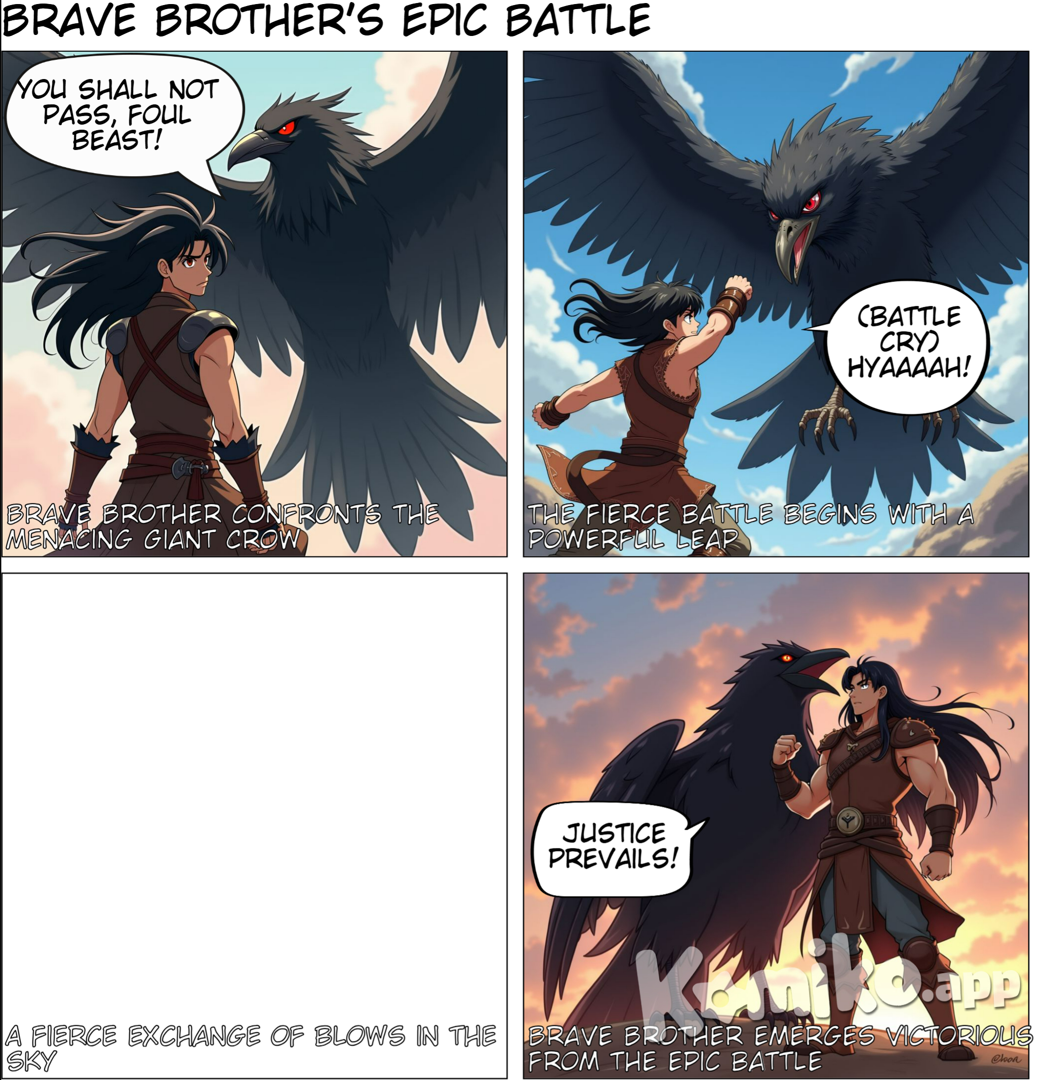 Character 0 is Brave Brother, description: A muscular young man with long, flowing black hair. He wears leather armor and has a determined expression on his face.. The Brave Brother fights a giant black bird, almost like a giant crow. He fought ferociously and won the battle, anime style with soft pastel color and soft lighting