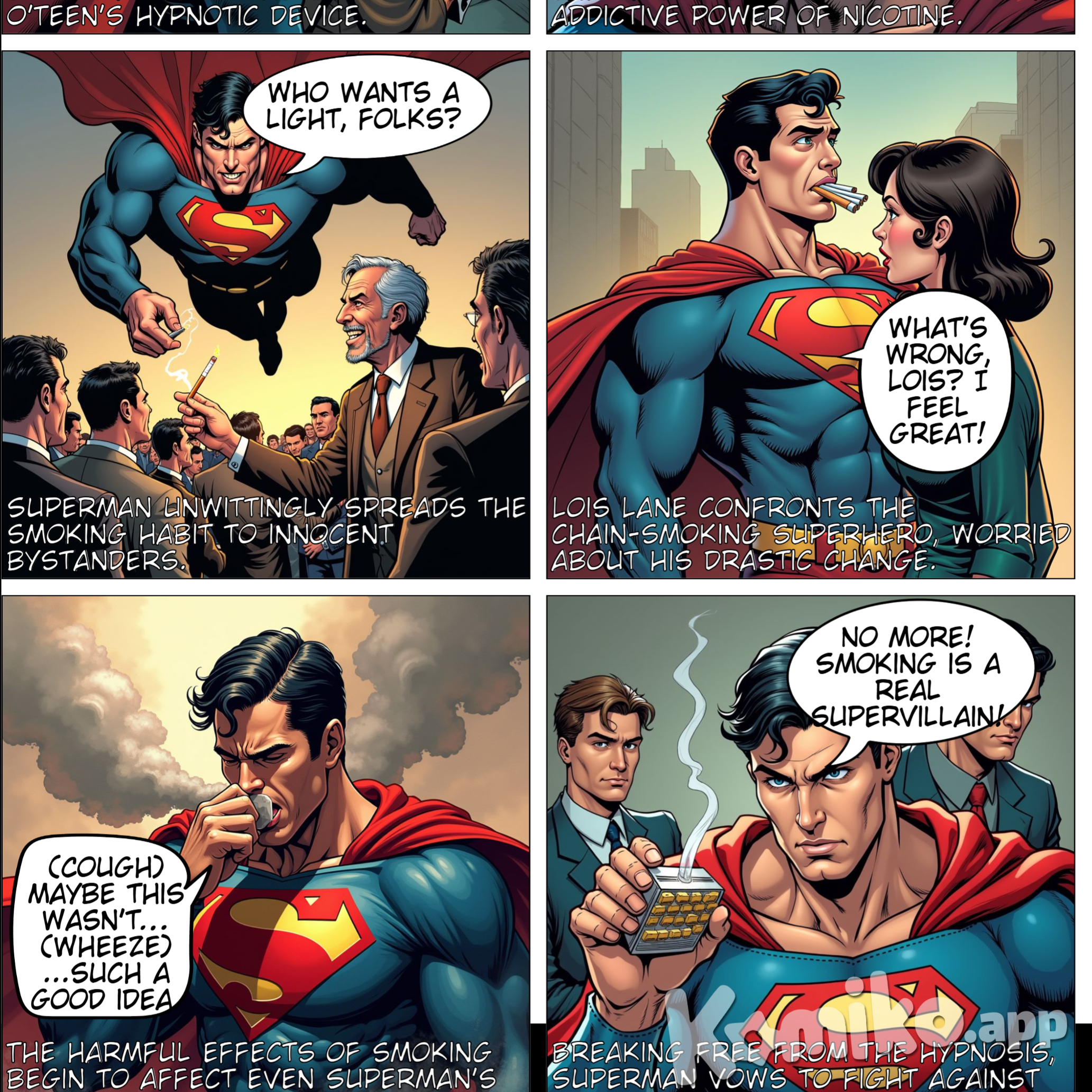 Superman is forcibly hypnotized into an evil smoker by Nick O'Teen, who wants to use the Man of Steel's new heat vision to create new smokers.