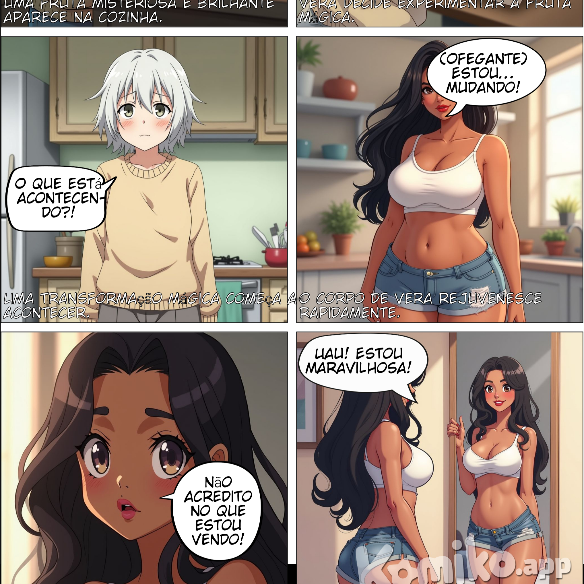 Uma senhora chamada Vera muito velha, com cabelos brancos, pele enrugada está triste com sua idade, pois se sente muito feia. Ela vai até sua cozinha e acha uma fruta muito estranha que se parecia com uma maçã mas que tinha um forte brilho. Ela então come essa fruta e de repente ela está ficando jovem novamente. Seu rosto fica cada vez mais belo, sua pela ficou lisa, seu cabelos enormes e escuros, seus lábios carnudos, seus peitos ficam gigantes a ponto de até rasgarem sua blusa, sua cintura fica tão fina quanto a de uma bailarina, sua bunda e suas coxas ficaram enormes deixando seu short muito apertado. No final da história Vera se sente bem com seu novo corpo.
