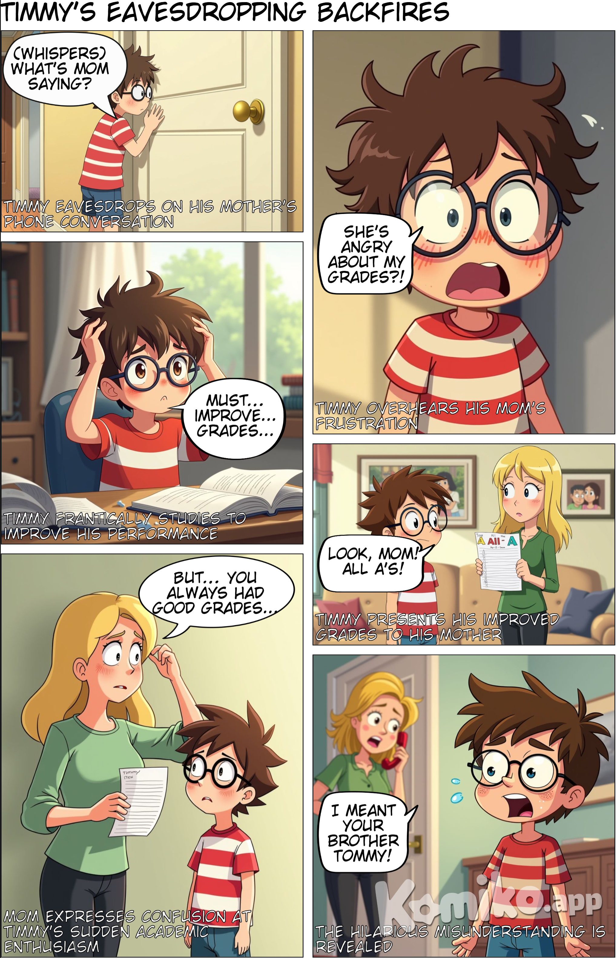 Timmy over heard his mom talking in phone about how she is angry about him not getting good grades in class