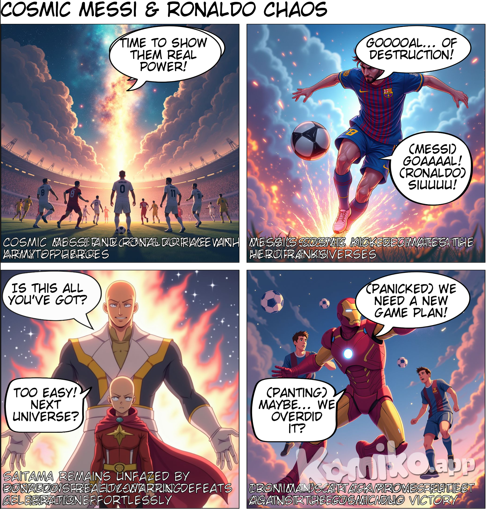 Sure, let's envision how each character or duo you mentioned would achieve victory over the Powerpuff Girls in their respective battles.  ### Superman vs. Powerpuff Girls Superman's unparalleled strength, speed, and versatile abilities would give him the upper hand. Using his faster-than-light speed, he could outmaneuver the girls, while his near-invulnerability would protect him from their attacks. His heat vision and freeze breath would neutralize Blossom's abilities, and his strategic combat experience would allow him to overpower Buttercup and Bubbles.  ### Batman vs. Powerpuff Girls (with Preparation) With enough preparation, Batman would devise specific countermeasures for each of the Powerpuff Girls' powers. He might use gadgets and technology to counter Blossom's heat vision and ice breath, sound-dampening devices against Bubbles' sonar scream, and stabilizers or force fields to neutralize Buttercup's tornadoes. Batman's strategic mind and combat skills would enable him to outsmart and outmaneuver the girls.  ### The Flash vs. Powerpuff Girls The Flash's incredible speed and ability to manipulate the Speed Force would give him a significant advantage. He could steal the girls' speed, making them slower, and use his phasing ability to avoid their attacks. His speed and reflexes would allow him to land precise, high-impact blows before the girls could react, ensuring his victory.  ### Goku vs. Powerpuff Girls Goku's immense power, especially in his higher transformation states, would enable him to overpower the Powerpuff Girls. His Super Saiyan transformations, combined with his Kamehameha and other energy attacks, would overwhelm the girls. His Instant Transmission would allow him to dodge their attacks and strike with precision, securing his win.  ### Naruto and Sasuke vs. Powerpuff Girls Naruto's and Sasuke's combined abilities and teamwork would be a formidable challenge for the Powerpuff Girls. Naruto's powerful attacks, like Rasenshuriken, and Sasuke's Sharingan and Rinnegan abilities would give them the edge. Sasuke's genjutsu could disorient the girls, while Naruto's Kurama Mode and Six Paths Sage Mode would provide overwhelming power and durability. Their coordinated attacks and strategies would ultimately lead to their victory.  ### Satoru Gojo and Yuji Itadori vs. Powerpuff Girls Gojo's Infinity and Limitless techniques would render the Powerpuff Girls' attacks ineffective, while his powerful cursed techniques like Hollow Purple would deal significant damage. Yuji's superhuman strength and Black Flash would complement Gojo's abilities, providing powerful physical attacks. Gojo's Domain Expansion (Unlimited Void) could incapacitate the girls, allowing Gojo and Yuji to secure their win.  In each of these battles, the characters' unique powers, strategies, and abilities would enable them to defeat the Powerpuff Girls. It's a thrilling thought experiment that showcases the immense potential of each character!make the story that messi and ronaldo showed up with the strength of zeno multiplied by infinty and fought all the heroes at once and won but they took this battle and were fought by the heroes and saitama, deku, iron man, thor and other well known herores