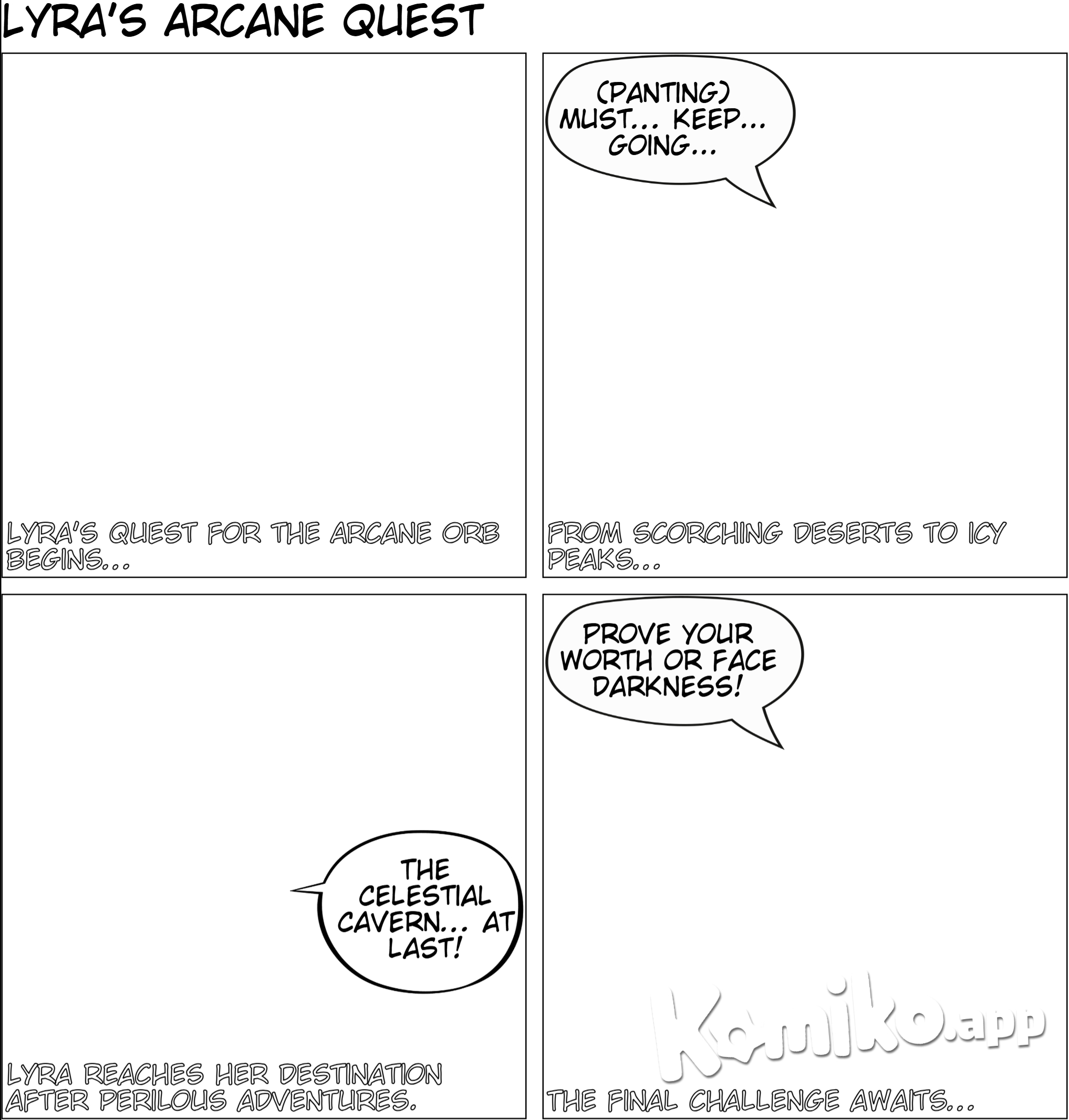 Intrigued by the legend and driven by a desire to prove herself, Lyra embarked on a quest to find the Arcane Orb. She traveled across treacherous landscapes, from the scorching deserts of Thalmar to the icy peaks of Frostwind, guided by the clues in the ancient texts. After many perilous adventures, Lyra arrived at the entrance of the Celestial Cavern, the fabled resting place of the Arcane Orb. The cavern was guarded by a colossal stone golem, its eyes glowing with an eerie light. As Lyra approached, the golem spoke in a thunderous voice: "Only the worthy may enter. Prove your wisdom and courage, or face eternal darkness."