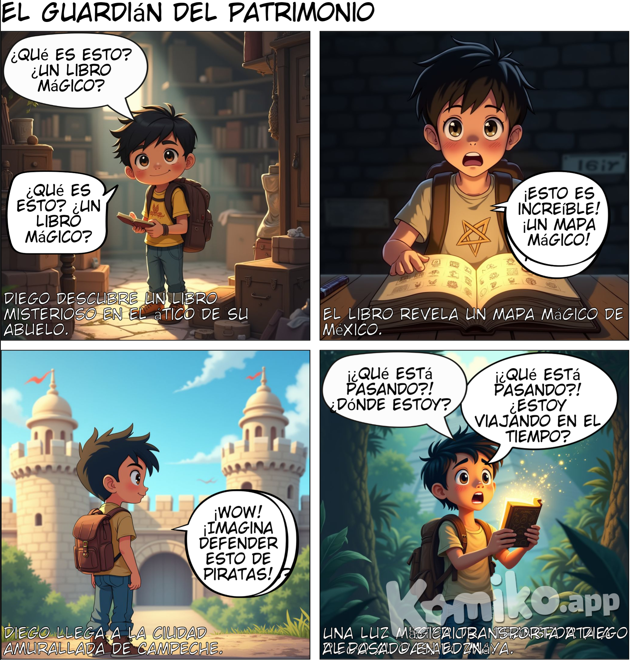 Guion para cómic: "El Guardián del Patrimonio"  ---  Capítulo 1: La Aventura Comienza Escena 1: En el ático del abuelo Viñeta 1: Diego está explorando un polvoriento ático lleno de cajas viejas. Se ve curioso y emocionado. La luz entra por una ventana pequeña, iluminando un antiguo libro en una mesa.   Texto: "En un pequeño pueblo de Nuevo León, Diego, un joven apasionado por la historia, encontró algo que cambiaría su vida." Diálogo (Diego): "¿Qué es esto? Un libro tan viejo... pero parece... mágico?"  Viñeta 2: Diego abre el libro y de repente una luz brillante sale de sus páginas, iluminando su rostro con asombro.   Texto: "Un libro lleno de secretos sobre los maravillosos lugares de México."  Diálogo (Diego): "¡Esto es increíble! ¡Debe ser un mapa!"   Capítulo 2: El Viaje a Campeche Escena 2: Llegando a Campeche Viñeta 3:   Diego llega a la Ciudad amurallada de Campeche. Está asombrado frente a las grandes murallas que rodean la ciudad. Se muestra pequeño comparado con las fortificaciones.   Texto: "El primer destino de Diego fue Campeche, con su famosa ciudad amurallada, donde piratas y defensores vivieron una historia llena de aventuras." Diálogo (Diego): "¡Wow! ¡Imagínate lo que debe haber sido defender esta ciudad de los piratas!"  Viñeta 4:  Vemos a Diego mirando hacia un cañón viejo y una torre, con una sombra de un pirata espiando desde una esquina.   Texto: "Las historias de viejos piratas y defensores cobran vida en cada rincón."  ---  Capítulo 3: Misterios de Edzná Escena 3: Explorando Edzná Viñeta 5:   Diego llega al Templo de los Cinco Pisos en Edzná. Las ruinas están rodeadas de vegetación.   Texto: "Luego, el mapa lo llevó a Edzná, una ciudad maya con una gran arquitectura."   Diálogo (Diego): "¡Este templo es increíble! ¿Cómo lograron construir algo tan grande sin las herramientas de hoy?"  Viñeta 6:  Mientras explora, una luz misteriosa emerge del templo, envolviendo a Diego. Él está sorprendido y asustado.   Texto: "De repente, una luz lo envolvió y Diego viajó al pasado..."   Diálogo (Diego): "¡¿Qué está pasando?! ¿Dónde estoy?"  ---  Capítulo 4: La Maravilla de Calakmul Escena 4: Llegada a Calakmul Viñeta 7:   Diego, ahora en el pasado, está en una selva tropical rodeada de majestuosas ruinas mayas. Se ve un gran templo al fondo y mucha vegetación.   Texto: "Diego llegó a Calakmul, una de las ciudades más poderosas de los mayas. Allí, la selva y las ruinas se mezclan en una danza de historia y naturaleza."  Diálogo (Diego): "¡Es increíble! ¡Puedo ver cómo era todo antes!"  Viñeta 8:  Diego observa a los mayas trabajando en la construcción de la ciudad, con gran precisión y organización.   Texto: "Los mayas fueron grandes ingenieros, y su legado sigue vivo hoy en día."*   Diálogo (Diego): "¡Mira cómo construyen! ¡Son unos genios!  Viñeta 9: Vemos a Diego sosteniendo el libro mientras reflexiona, rodeado de la jungla, con animales y plantas visibles.   Texto: "Y también aprendió sobre la importancia de cuidar este equilibrio entre naturaleza y cultura."  ---  Capítulo 5: Retorno a Nuevo León Escena 5: La Fundidora de Monterrey   Viñeta 10:   Diego llega a la Fundidora de Monterrey, un lugar que combina la historia industrial con la modernidad. Vemos grandes fábricas transformadas en un parque cultural.   Texto: "De regreso en Nuevo León, Diego visitó la Fundidora, un símbolo de innovación."  Diálogo (Diego):*"¡Esto era una fábrica enorme, pero ahora es un espacio donde todos pueden disfrutar del arte y la historia!"  Capítulo 6: Historia Viva en el Centro Histórico Escena 6: Centro Histórico de Monterrey Viñeta 11: Diego camina por el Centro Histórico de Monterrey, admirando los edificios antiguos y monumentos.   Texto: "En el Centro Histórico de Monterrey, Diego descubrió cómo la ciudad ha crecido y cambiado a lo largo del tiempo."  Diálogo (Diego): "¡Mira todos estos edificios! ¡Cada uno tiene una historia que contar!"  Viñeta 12:   Diego se detiene frente a una estatua y un edificio histórico, reflexionando.   Texto: "Diego comprendió que preservar estos lugares es clave para entender nuestro pasado."  Capítulo 7: Petroglifos en Boca de Potrerillos Escena 7: Boca de Potrerillos  Viñeta 13:  Diego, ahora en Boca de Potrerillos, observa asombrado los petroglifos prehispánicos grabados en las rocas.   Texto: "Finalmente, Diego llegó a Boca de Potrerillos, donde miles de petroglifos cuentan la historia de los pueblos antiguos." Diálogo (Diego): "¡Es impresionante! ¡Puedo sentir la conexión con la gente que vivio aquí!  Viñeta 14:   Diego se arrodilla y toca una de las rocas, sintiendo una profunda conexión con el pasado.   Texto: "Con los petroglifos, Diego sintió la llamada de su misión: proteger y promover el patrimonio cultural de su tierra."   Diálogo (Diego): "¡Esto es lo que quiero hacer! ¡Proteger todo lo que cuenta nuestra historia!"  Personajes y Apariencia  Diego:   - Edad: 12 años   - Descripción: Un niño curioso, de cabello oscuro y ojos grandes. Lleva una camiseta de aventurero, jeans y una mochila. Su expresión siempre refleja asombro y emoción ante lo que descubre. A lo largo del cómic, su rostro muestra desde sorpresa hasta concentración mientras aprende y explora.   - Atributos: Su mochila siempre lleva el libro mágico, que es de un color marrón envejecido con símbolos extraños.  El Abuelo de Diego:   - Edad: 70 años   - Descripción: Un hombre sabio, de barba canosa y ojos amigables. Lleva un sombrero y una camisa de cuadros, típica de campo. Se muestra cariñoso con Diego y lo anima a explorar el mundo.   - Atributos: Siempre tiene un bastón en mano y una expresión cálida. Su rostro refleja el paso del tiempo y la experiencia.  Los Mayas:  - Descripción: Visten ropa tradicional de los mayas, con tocados y vestimenta de colores naturales. Tienen una expresión de concentración mientras trabajan. Los personajes mayas varían en edad, mostrando tanto adultos como niños, todos con una actitud seria pero acogedora.  Piratas (en Campeche):   - Descripción: Con vestimenta desgastada, parches en los ojos y bandanas. Tienen una mirada astuta y misteriosa. Están dibujados en estilo caricaturesco, para hacerlos menos amenazantes y más parte de una aventura divertida.  El Libro Mágico:   - Descripción: Un libro antiguo, cubierto de símbolos y detalles misteriosos. Su color es marrón, con páginas que emiten una suave luz cada vez que Diego abre una nueva parte del mapa.    Este guion y las descripciones permiten visualizar la historia de Diego como una aventura emocionante, llena de magia y aprendizaje, a través de paisajes, personajes y momentos clave que capturan la atención de un público joven y curioso.