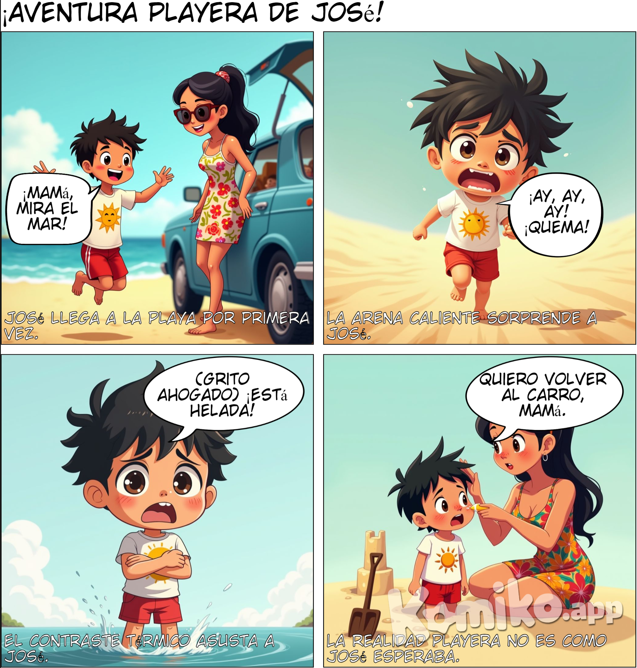 Continúa con los mismos personajes de Jose como niño Capítulo 4: ¡Llegada a la Playa! Finalmente llegan a la playa. José corre hacia la arena y siente la calidez del sol en su piel. ¡Todo es tan nuevo y emocionante!