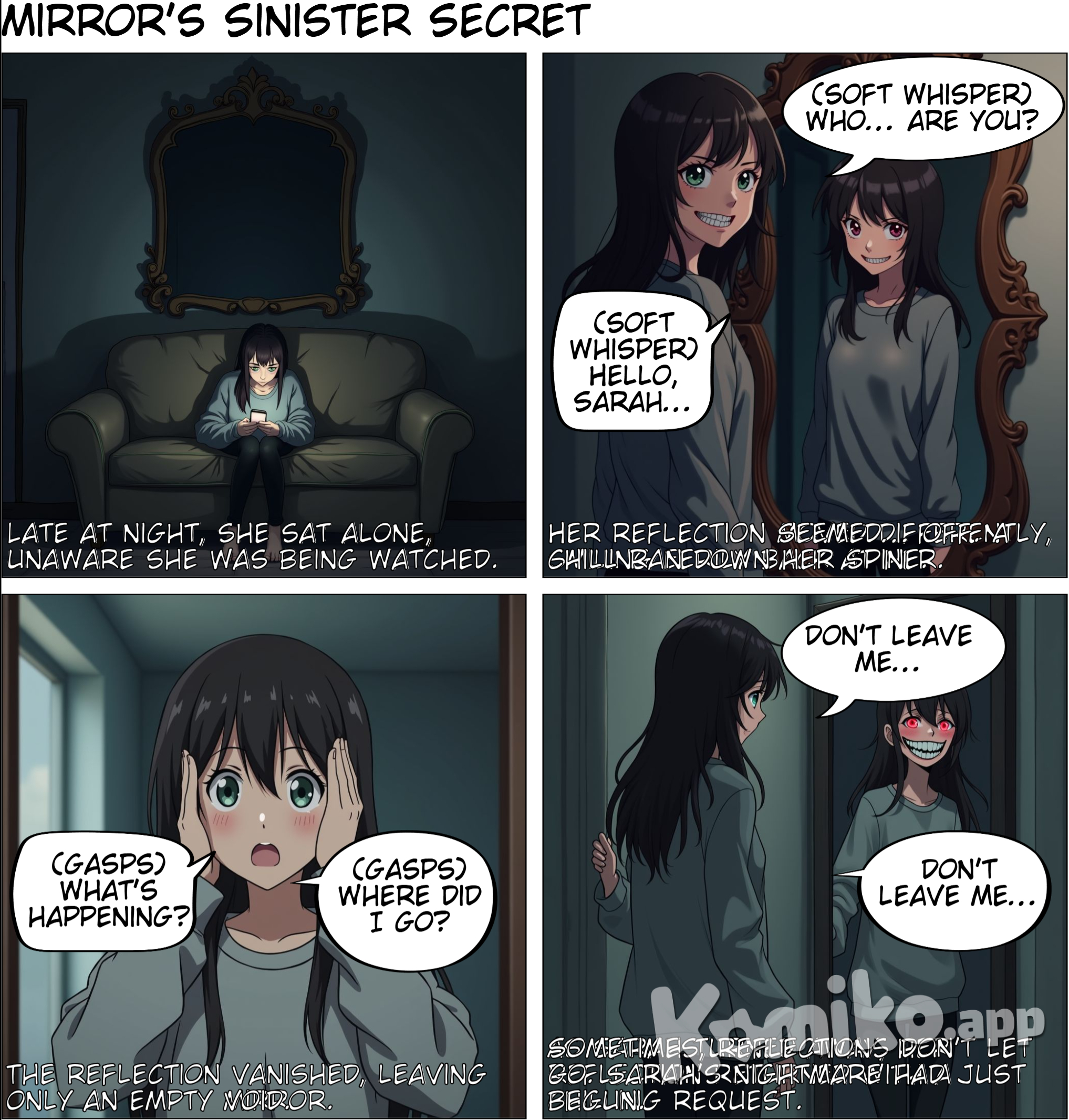 Script: "The Reflection" [Scene 1: Living Room – Nighttime]  Visual: A dimly lit room with a young woman sitting alone, scrolling through her phone. The clock ticks, and there's an eerie silence.  Voiceover/Narration (low, tense tone): "Late at night, she sat alone, unaware she was being watched."  [Scene 2: Woman’s POV – She glances up at a mirror across the room]  Visual: She looks at her reflection, but for a split second, her reflection doesn’t match her movements—it blinks late, then stares directly at her with an eerie smile.  Sound: A soft but chilling whisper or creaking sound.  Voiceover: "Something was… off."  [Scene 3: Close-Up of Woman’s Face – Shocked and confused]  Visual: She rubs her eyes, thinking she's imagining it, but when she looks back, her reflection isn’t there.  Sound: A sudden silence, followed by a low, sinister chuckle from the mirror.  [Final Scene: Wide Shot – She turns to leave the room]  Visual: As she turns away, her reflection suddenly reappears, staring with a wide, twisted grin and whispering, "Don’t leave me..."  Sound: A loud heartbeat or a quick, suspenseful sound that abruptly cuts off to black.  [Text on Screen: "Sometimes, reflections don’t let go."]