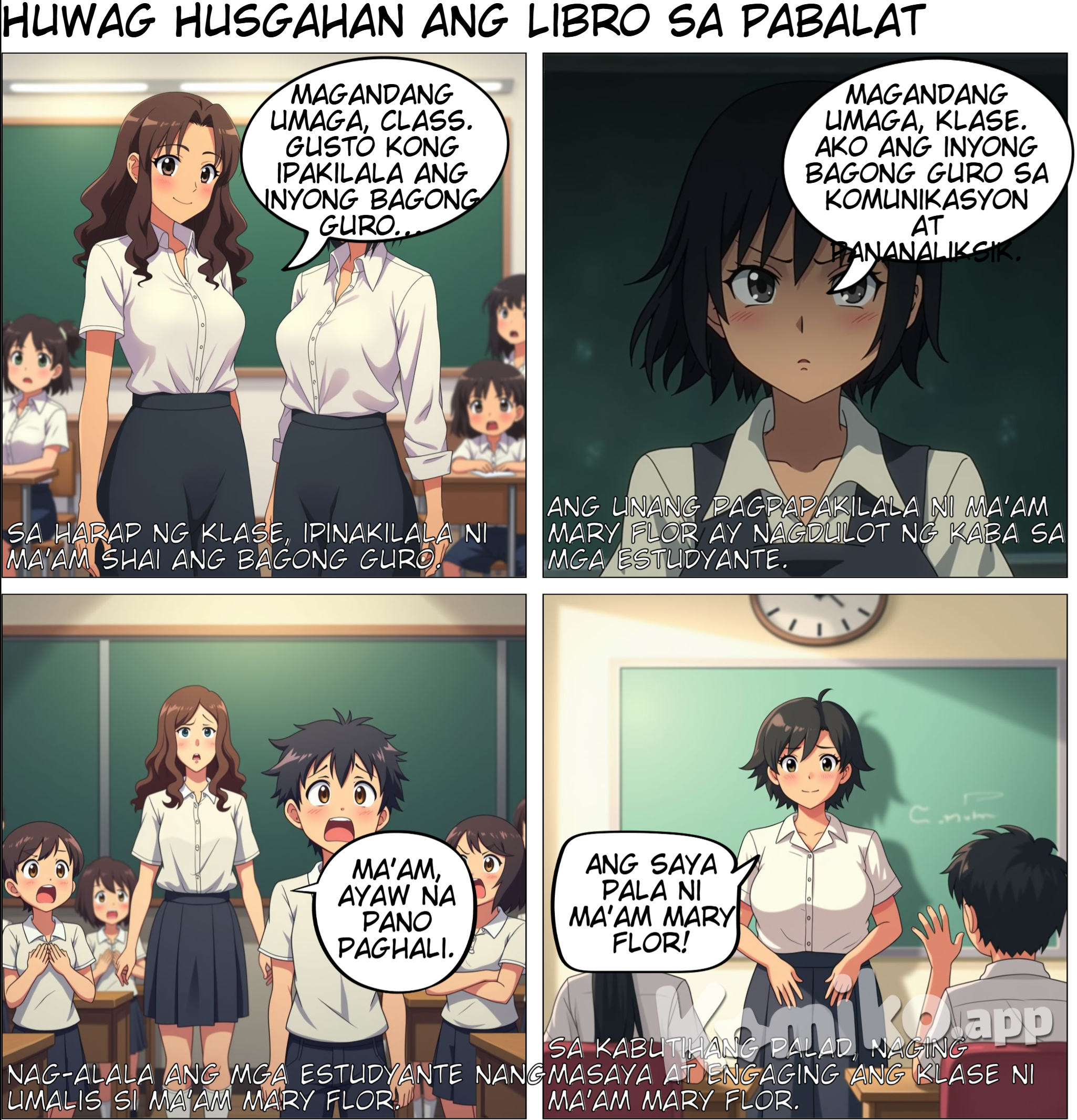 Pagpapakilala  1. Eksena: Sa harap ng room, nakatayo sila Ma’am Shai tas Ma’am Mary Flor. and then mal lagay ka ng  mga estudyante sa background na nakaupo sa kanilang mga upuan, curious ang ekspresyon ng mukha.    Ma’am Shai: "Magandang umaga, class. Gusto kong ipakilala ang inyong bagong guro sa Komunikasyon at Pananaliksik, si Ma’am Mary Flor."  Ma’am Mary Flor: (Walang sinasabi, pero medyo seryoso ang mukha, diretso ang tindig medyo chubby ang body type, may cheeks, short hair, morena.) (dapat bagan an mukha ni maam mary flor saro lang sa gabos na par    (sa drawing)  Ma’am Shai: Maamo at magiliw ang mukha curly hair na medj mahaba.  Ma’am Mary Flor: May parehong uniform o kasuotan kay Ma’am Shai pero  medyo chubby ang body type, may cheeks, short hair, morena.   -------------------   draw ng Close-up kay Ma’am Mary Flor habang nagsasalita sa harap ng klase.     Ma’am Mary Flor: "Magandang umaga, klase. Ako ang inyong bagong guro sa Komunikasyon at Pananaliksik."    ( Drawing)  Medyo  matapang ang tingin and parang napakaistrikto ng aura. and medyo dark unti ang shadow sa background ang parabf creepy aura      ----------------------     Nasa klase, close-up sa iba’t ibang estudyante habang iniisip ang kanilang reaksyon.   (Isip ng mga estudyante):  Estudyante 1: "Oh my gosh, mukhang terror!"  Estudyante 2: "Kastrikto niya!"  Estudyante 3: "Katakot si Ma’am!"    (sa Drawing)  Iba-ibang emosyon sa mukha ng mga estudyante: shocked, worried, at may nagpapakitang takot.      ---------   Naiwan si Ma’am Shai   Umalis si Ma’am Mary Flor, naiwan si Ma’am Shai sa harap ng klase habang ang mga estudyante ay nagrereklamo.  ( dialog)  Estudyante 1: "Ma’am, ayaw na pano paghali."  Estudyante 2: "Mamimiss mi ikaw."  Estudyante 3: "Natatakot kami, Ma’am. Bagang terror teacher idto."   ( sa Drawing)  Ma’am Shai: Maamong nakangiti pero mukhang nag-aalala.  Estudyante: Sabay-sabay nagrereklamo, hawak pa ang dibdib, at may eksaheradong reaction na takot.      ---  Huwebes ng umaga   Naglalakad ang mga estudyante papunta sa silid-aralan, makikita sa background ang signage na "Kom at Pan."   ( Dialog)  Estudyante 1: "Hala, next subject na ang Kom at Pan."  Estudyante 2: (Nervous face) "Ano kayang mangyayari?"    ( sa Drawing:)  Lahat ng estudyante ay naglalakad nang mabagal, may worried expression at may pawis sa noo.      ----------------  Masaya ang Klase  Nasa loob ng silid-aralan, ang mga estudyante ay masiglang nakikinig at nakangiti. Si Ma’am Mary Flor ay nakatayo sa harap at mukhang approachable.   ( Dialog)  Estudyante: "Ang saya pala ni Ma’am Mary Flor!"    ( sa Drawing)  Si Ma’am Mary Flor: Mas relaxed ang ekspresyon, nakangiti habang nagtuturo.  Estudyante: Tuwang-tuwa, nakataas ang kamay para sumagot.