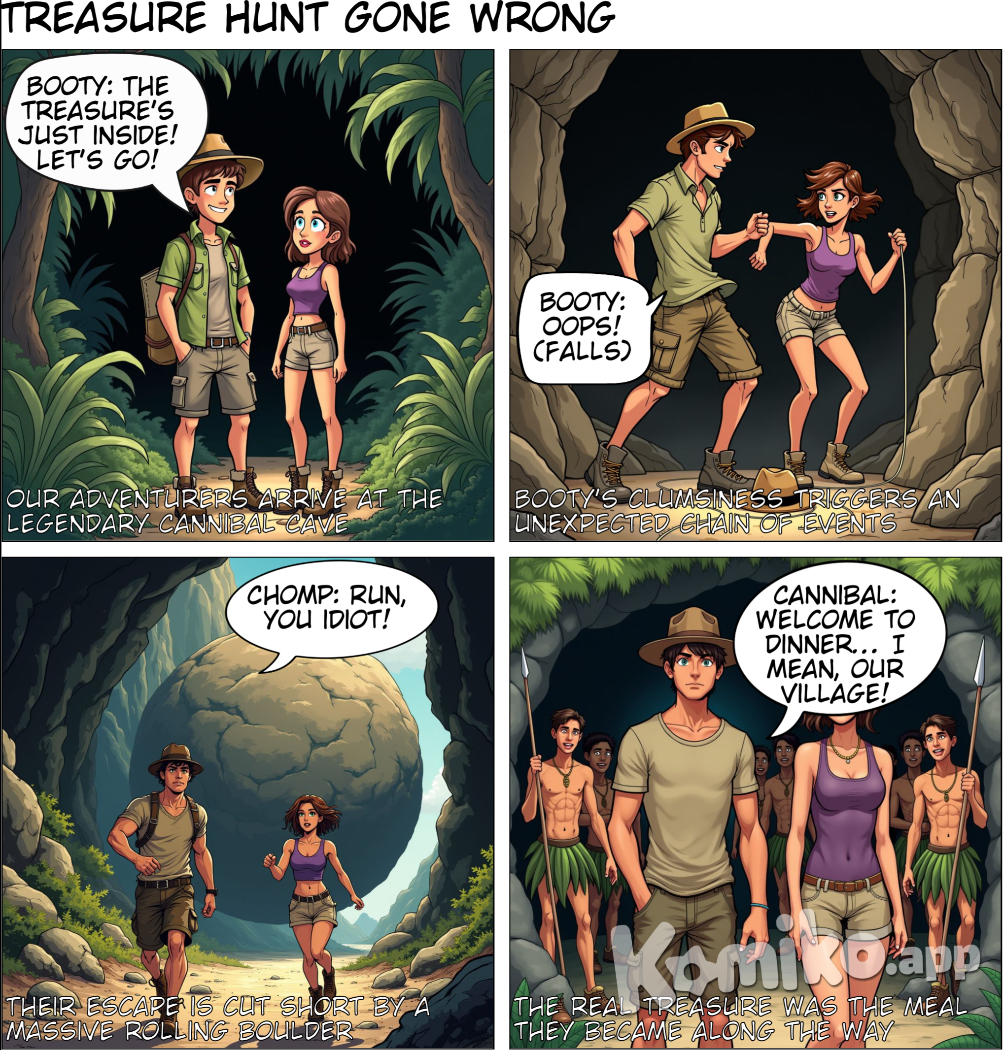 Booty is a handsome young man with wavy brown hair and Chomp is a beautiful young woman with short brown hair. They are on an adventure hunting for treasure together.