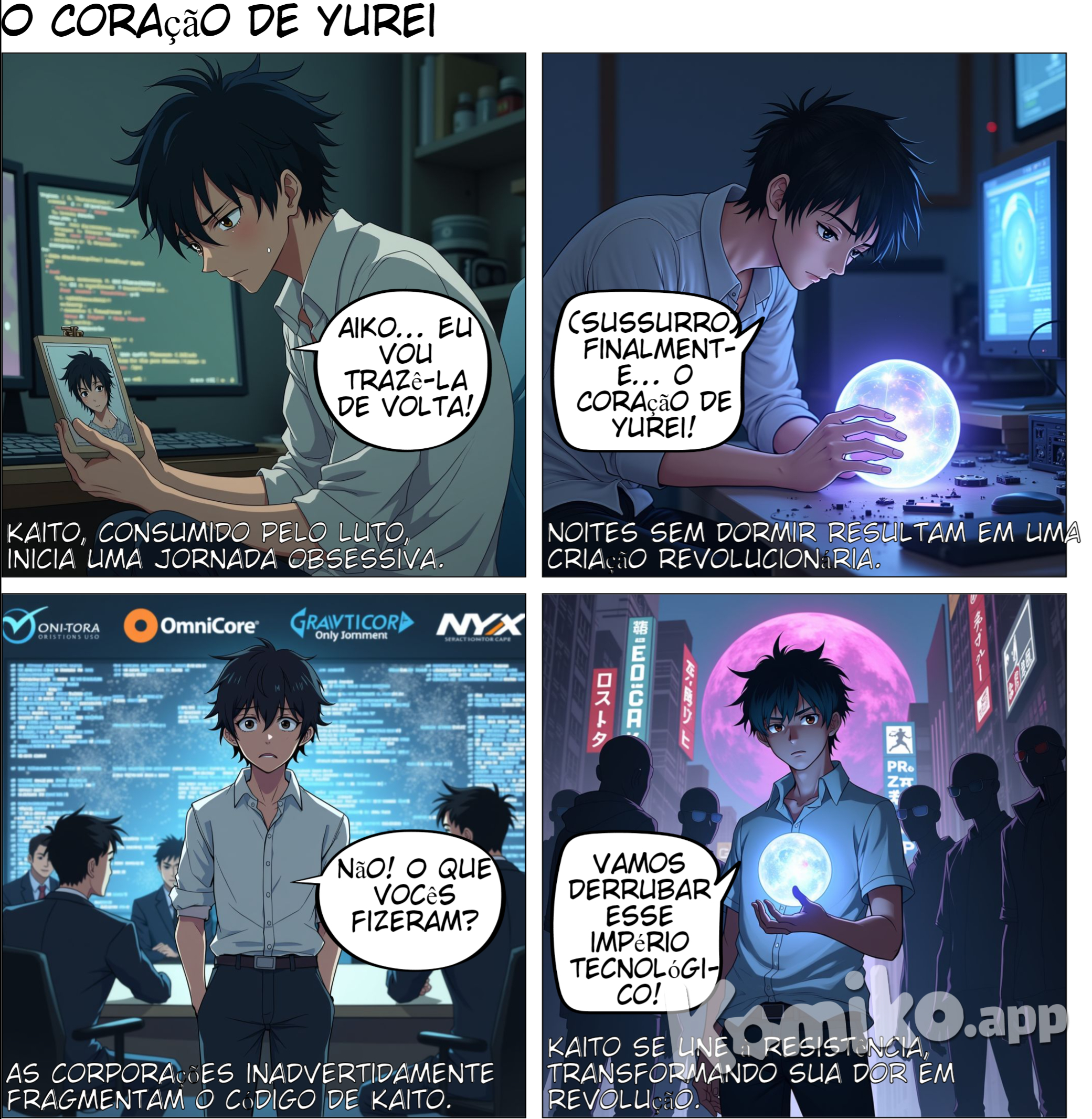 No Capítulo 1 de "O Coração de Yurei", Kaito Renjiro vive um profundo luto pela perda de sua esposa, Aiko, e se torna obcecado pela ideia de trazê-la de volta, o que o leva a desenvolver um projeto secreto: o Coração de Yurei. Kaito, um programador freelancer, trabalha com grandes corporações tecnológicas, como OmniCore, Gravicorp e Nyx Systems, que dominam a inovação em um cenário de vigilância e ética questionável.  Apesar das dificuldades, ele cria uma esfera que manipula partículas quânticas e possui um algoritmo que impede seu uso para fins destrutivos. No entanto, as corporações, sem saber, fragmentam seu código durante uma inspeção de segurança, integrando suas inovações em seus próprios projetos.  Sentindo-se impotente, Kaito se junta à Coalizão Sombra, um grupo clandestino de dissidentes que luta contra o controle das corporações. Com a ajuda dessa coalizão, ele aprimora o Coração de Yurei, que se torna um símbolo de resistência e liberdade diante do monopólio tecnológico. Kaito percebe que sua luta contra as gigantes tecnológicas está apenas começando, enquanto busca proteger sua criação e desafiar o império opressivo que elas construíram.