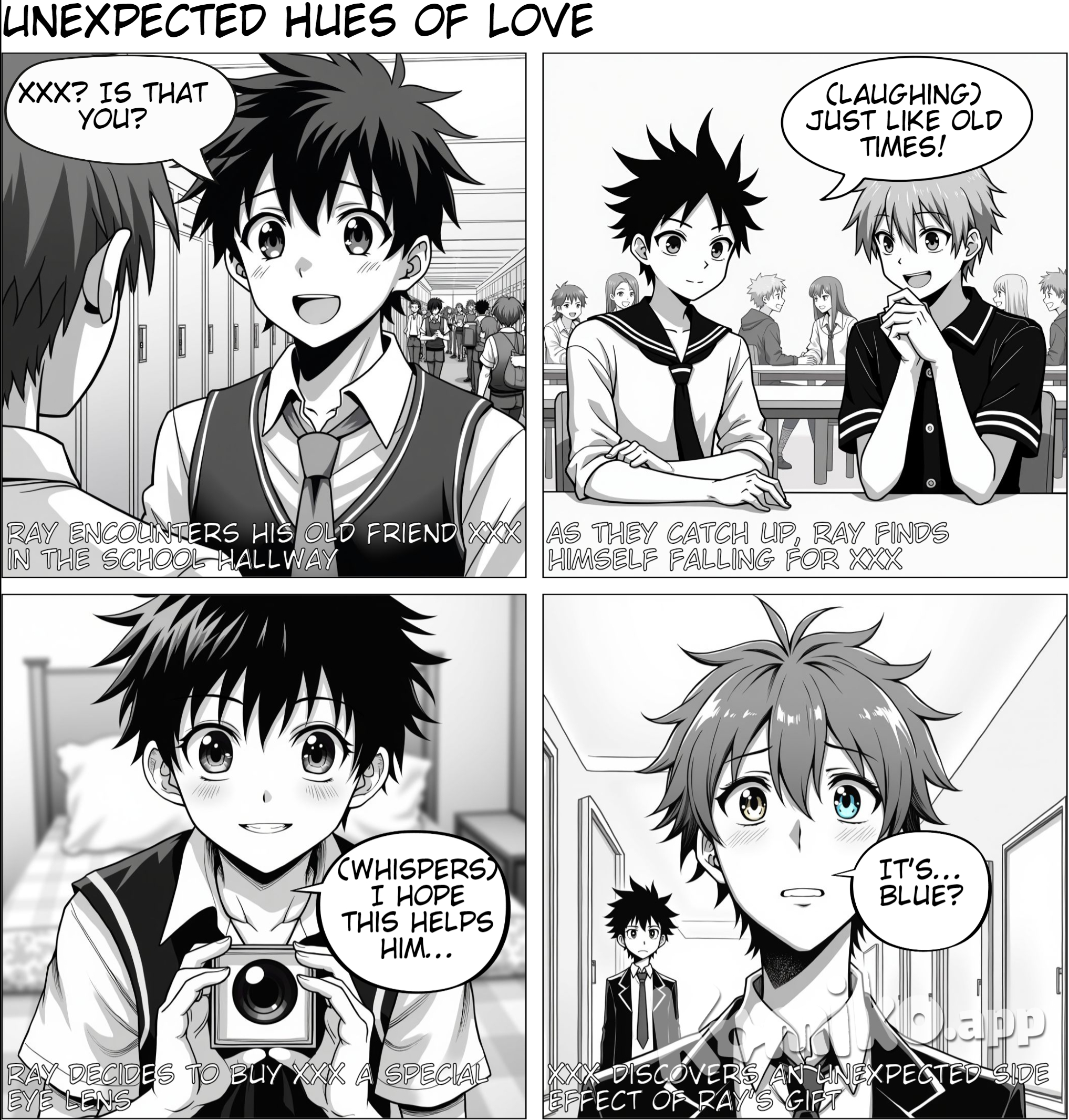 A young high schooler Ray is openly gay. He meets his old friend XXX from primary school who has a visual disparity in one eye. He slowly falls in love with him but XXX is a straight. After some time together Ray decided to buy XXX an eye lens, a new high tech that could fix his disparity. After XXX started wearing this lens, he founds out that the lens made his eye a different color than the other one, new eye looks like it’s blue.   Although XXX knows that Ray is gay he doesn’t know about his feelings towards him but he has some suspicions.