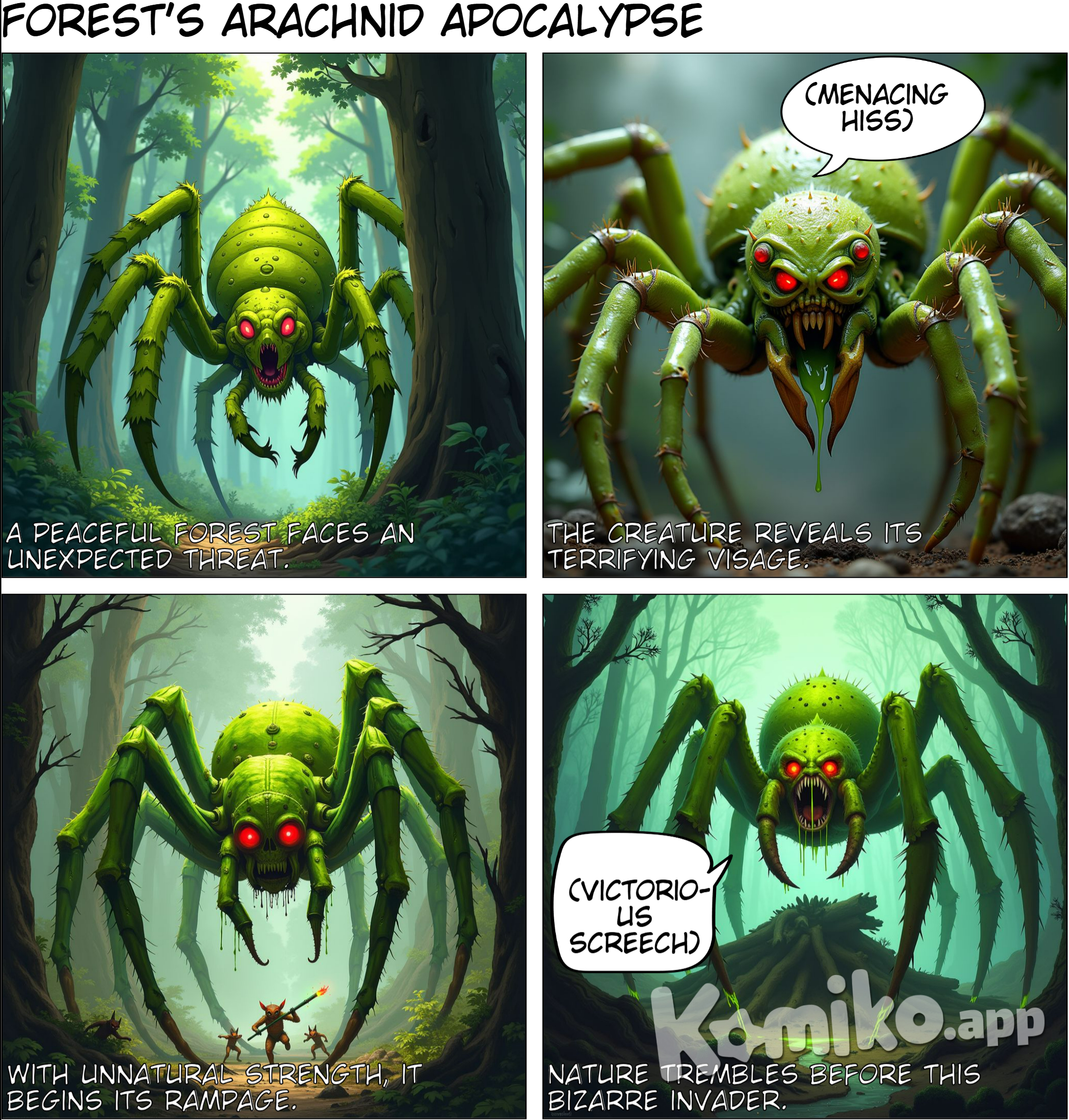 a green spider-like creature destroying the forest. Anime style
