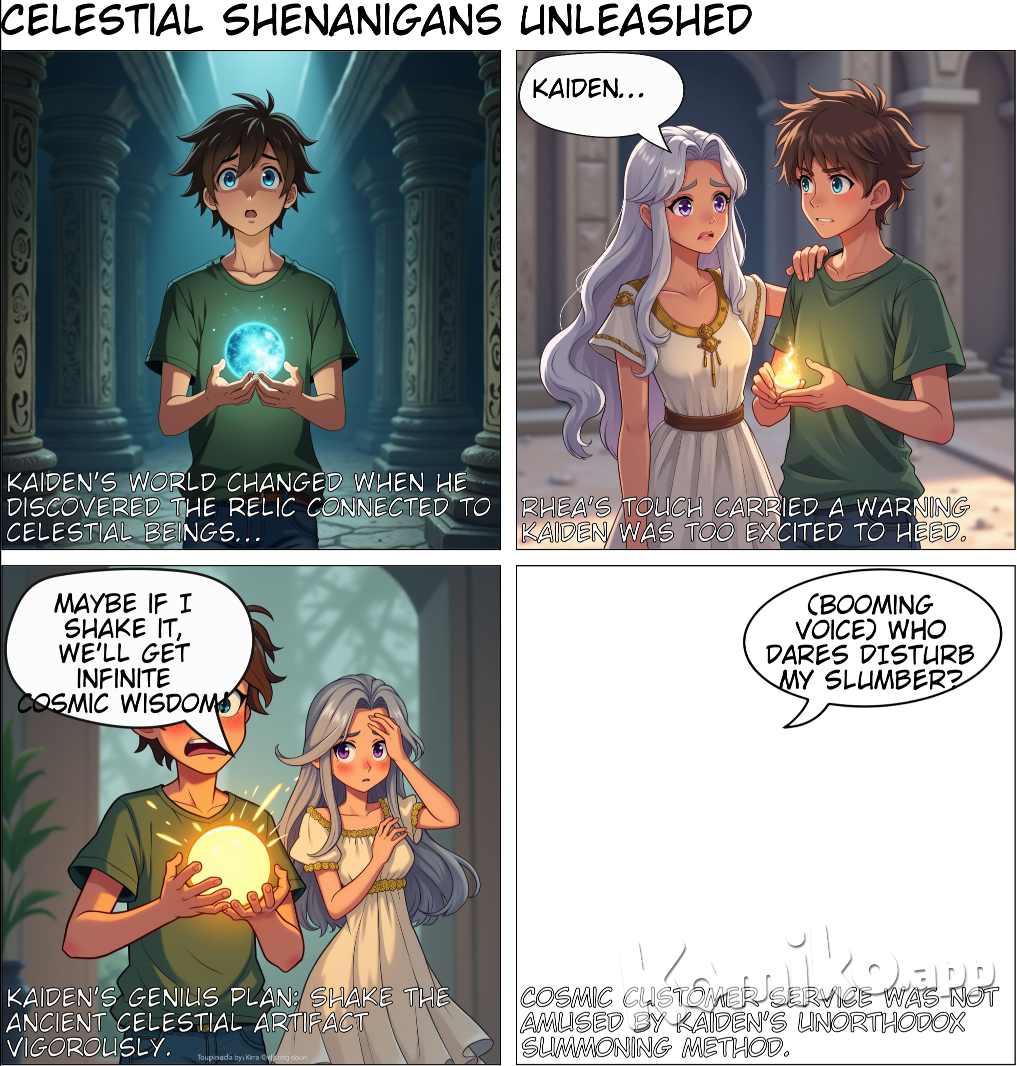 Page 1: Recap & Transition Panel 1 (Top full-width): Wide shot of Kaiden holding the relic, which has a faint glow. Narrator’s box: "Kaiden's world changed when he discovered the relic connected to celestial beings..." Panel 2 (Bottom half): Close-up of Rhea, looking at Kaiden with concern. She touches his shoulder, saying, "Kaiden..."
