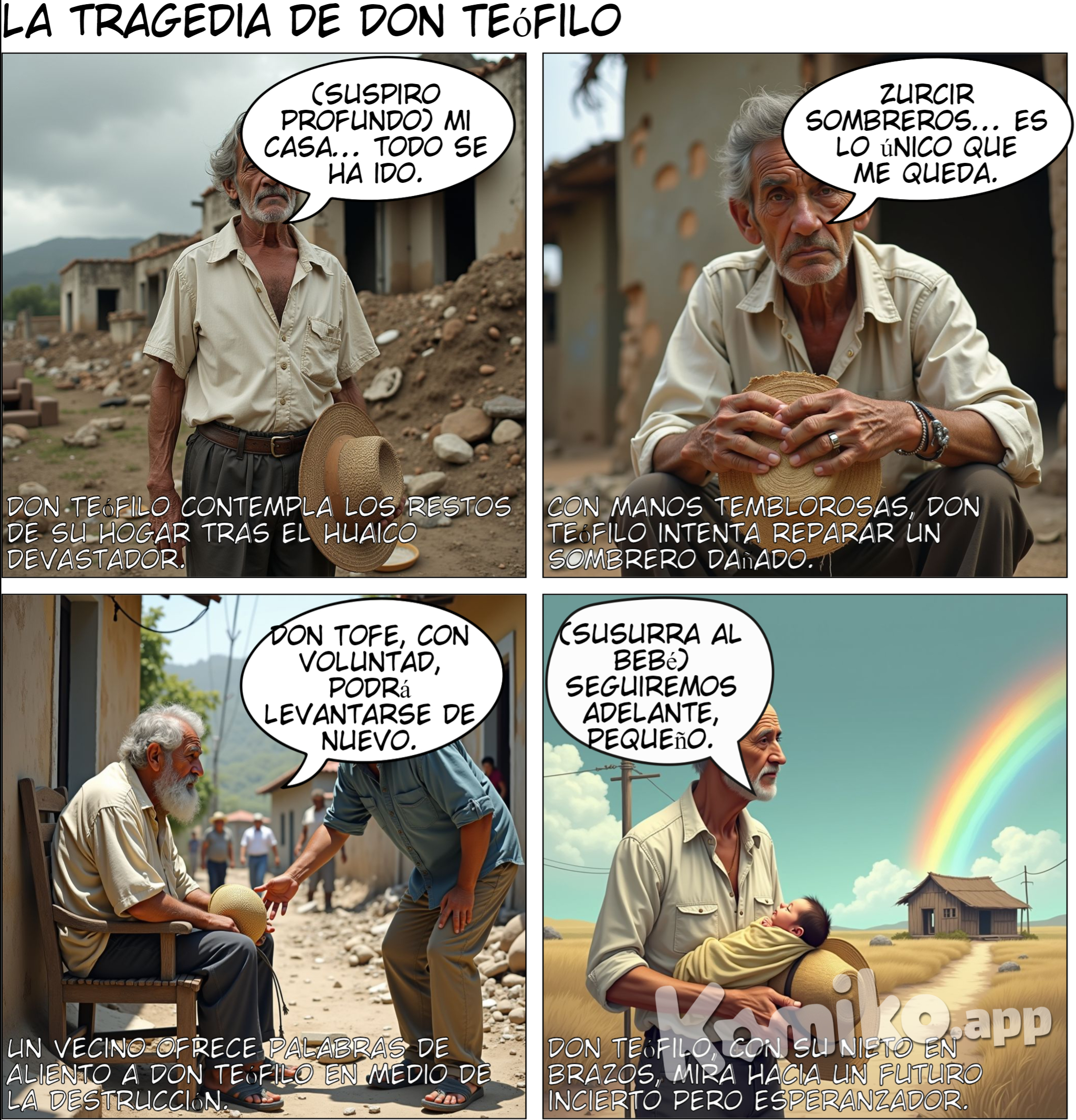 Alrededor de don Teófilo Navarro no queda sino contagiador aire entristecido. Su casa, pura pampa quedó después del huaico —agua de mala entraña— que lo tumbó todo. Los vecinos están medio que están nomás. La mitad se les fue tratando de levantar pared con la mirada y la otra mitad para consolarlo: —Con un poco de voluntad, podrá usted levantarse de nuevo. El caso fue así: Todas las veces de susto le decían: —Don Tofe, haga usted construir muro de piedra a su casa, no sea que el huaico... Pero él se reía con suficiencia, y para decir algo por contestar, repetía: —Que venga el huaico. Que me lleve. De resbaladera acabará la pena. Lo decía por decir porque en el pueblo, con penas y todo, siempre somos felices. Después que levantó su casa, en que hubo apurado trajín para terminar, luego de la techa, en que hubo demorado canto de no acabar con música y zapateo para afirmar el suelo, se hizo tranquilidad. Y como él lo dijo desafiador: —Hasta que otro guapo se atreva, pared y techo contra viento y noche que revienten de impotencia. Fabricaba y componía sombreros. A la puerta de su casa, aguja en mano, sombrero en horma, silbido y canto para rellenar hueco de tarde nostalgiosa, lo veíamos cumplir. En el invierno paz, no en el verano. Medio que se quisquillaba don Tofe mirando temeroso el agua que crecía hasta engrosar el río. Decía: —¡Esto es costumbre! ¿Habrá por qué temer? Muchas veces la campana madrina de la iglesia, en talantalanes de peligro, anunciaba desbordera, y don Tofe, creído, corría que corría para ver. Allí estaba intactita la casa a la orilla del cauce. La noche en que sucedió no podía ser, aunque se hubiese roto el brazo el sacristán o hubiera podido más y rompiera las campanas avisando. Era cumpleaños de doña Adelaida Suárez. No se podía creer. Y más cuando la fiesta había sido con música y la agasajada era persona que estaba bien con Dios. Don Tofe decía: —Beber, beber, que la vida se ha de acabar. Verlo era un gusto, alegre como estaba, a pesar de que la Grimalda, su mujer, con su tremenda barriga, sentada en un rincón censuraba. Primero fue un rumor creciente que llegó, junto con el grito de Julián Mayta que salía corriendo de la huerta: —¡Está entrando agua!.. ¡Está trayendo piedras!.. Muy pocos lo oyeron. En ese instante entró el agua hasta el patio. No debía ser grave la cosa... El agua avanzaba rápidamente como buscando algo. Entonces sí que reaccionamos, aunque de primera intención no se tomó ninguna iniciativa. En la sala de la derecha, ebrios los músicos, sin darse cuenta, bromeaban todavía. Yo comencé a correr sin saber a dónde. Un golpe fuerte en la sala de la izquierda que da al cauce, comprendiendo el peligro, nos puso con la cara seria. Y cuando ya lampón y pico los hombres se disponían, se inundaron las salas y los cuartos. La cocina con sus viejas era un grito de rezos. El agua furiosa sabía de memoria su trabajo, lo que hacía. En un santiamén todo estuvo inundado sobre la altura de los cimientos. En el momento en que los animales salían al escape, las paredes empezaron a ceder. Las mujeres (doña Eulalia Espinoza principalmente) gritaban, clamaban al cielo. Y los hombres lisureaban dándose coraje. No se podía. Era torrente de fuerza. Las paredes del corral vencidas se cayeron. Don Antonio Ebúsquez era el único de carácter que se dejaba oír: —¡Rompan la puerta falsa que da al cauce para desatorar! Pero la lluvia lo atoraba a él, porque era como río que bajaba. En la tiniebla éramos gente oscurecida, loca, como la entraña de esa noche de rayos y de truenos. Al relámpago, apurado seguía bajando el aluvión. Desde el corral, por el patio, al camino, y luego al río bajaba. De la puerta del zaguán quedaban astillas. Vimos a la Grimalda. Subida sobre un batán lloraba a más no poder. Pensaba en Dios con todos sus dolores. De agua, de noche, de viento, fue la tumbadera de la casa de don Tofe. Con gritos de parto también, pues la Grimalda, ayudada por Roque Barrera y subida sobre una mesita que a la vez la contenía contra la pared sobre el poyo, comenzó a descuartizarse. Doña Toribia estuvo felizmente, atendiéndola como pudo. Roque a duras penas contenía la mesa y sostenía también a la Grimalda. Doña Toribia, con las manos de agua terrosa, remangándose el brazo, la asistía. Grimalda se animaba casi quebrándole el brazo al Roque con el esfuerzo: —¡Ayude usted! ¡Ayude usted, mamá Tulli! —Sin embargo, fue como una lucha el nacimiento, mientras el agua amenazaba con derribarnos. Luego doña Toribia, serena como siempre, descorchetán-dose el monillo, cobijó a la criatura que ya gritaba, junto a sus lacios senos. Otro grito fuerte fue como una protesta, pero con el llanto del niño nos renació el valor. A su mamá hubiera podido también reanimarla; no, ella había fallecido antes de oírlo. Total, todo se apagó. Solamente cuando la pena arreciaba, mirando los cimientos lavados que quedaban, pasó la lluvia. El huaico bajó su correntada o habría bajado antes: oíamos un rumor entre violento y tranquilo. En adelante se comenzó a buscar: —¡Don Macshi!.. ¡Mamá Brígida!.. ¡Lázaro!.. Oía su nombre cada cual y cada cual contestaba animándose. Don Tofe, sin haberse enterado todavía, buscaba a su Grimalda. Media puerta del zaguán, inservible, había ido a parar a la chacra de enfrente. Las sillas y ventanas desparramadas. Dice Demetrio López que un cerdo había varado cerca de Vilca- bamba. Los muros y cimientos quedaron débiles. Algunos baúles amarrados al manzano estaban astillados. Allí quedaba también el batán de don Jacinto Navarro, centenaria piedra donde molieron los abuelos. Lo demás y más fuerte se supo cuando don Tofe llegó hasta nosotros, con su mujer muerta en brazos. Detrás doña Toribia con el recién nacido. Esas dos caras fueron para nosotros un ¡golpe! que nunca habíamos sentido. En el velorio, en casa de don Nicolás Arosemena, no se rió por primera vez los chistes de Roque. En un ángulo de la sala, don Teófilo se quejaba. Parecía que el aire de esa mala noche se le había secado en la cara. Eran como furia vencida las huellas de su rostro. Repetía: —¡Quién lo hubiera dicho...! ¡Quién lo hubiera dicho! En fin, la velada fue de razonar pesimista, con ese café consolador apenas. ¡Cómo se recordó la muerte! ¡Cuántos nombres! Eladio Amaro, Fortunato Rojas, Pedro Tintush. ¡Pero nunca desgraciados! —¡Ah, ya se fueron! Se sintió la muerte a muerte. Adentro, hasta los tuétanos como angustia; afuera, en los miembros ateridos, como temblor desconocido. Ni coca ni aguardiente pudieron esa noche. Desde entonces don Tofe, medio vivo, medio fantasma, allí está. —Zurcidor de sombreros —dicen. Mientras, verdeciendo, retoña el valle de la gente que habla por hablar: —¡Caído, con la cara en el suelo! —¡Zurcidor de sombreros viejos!