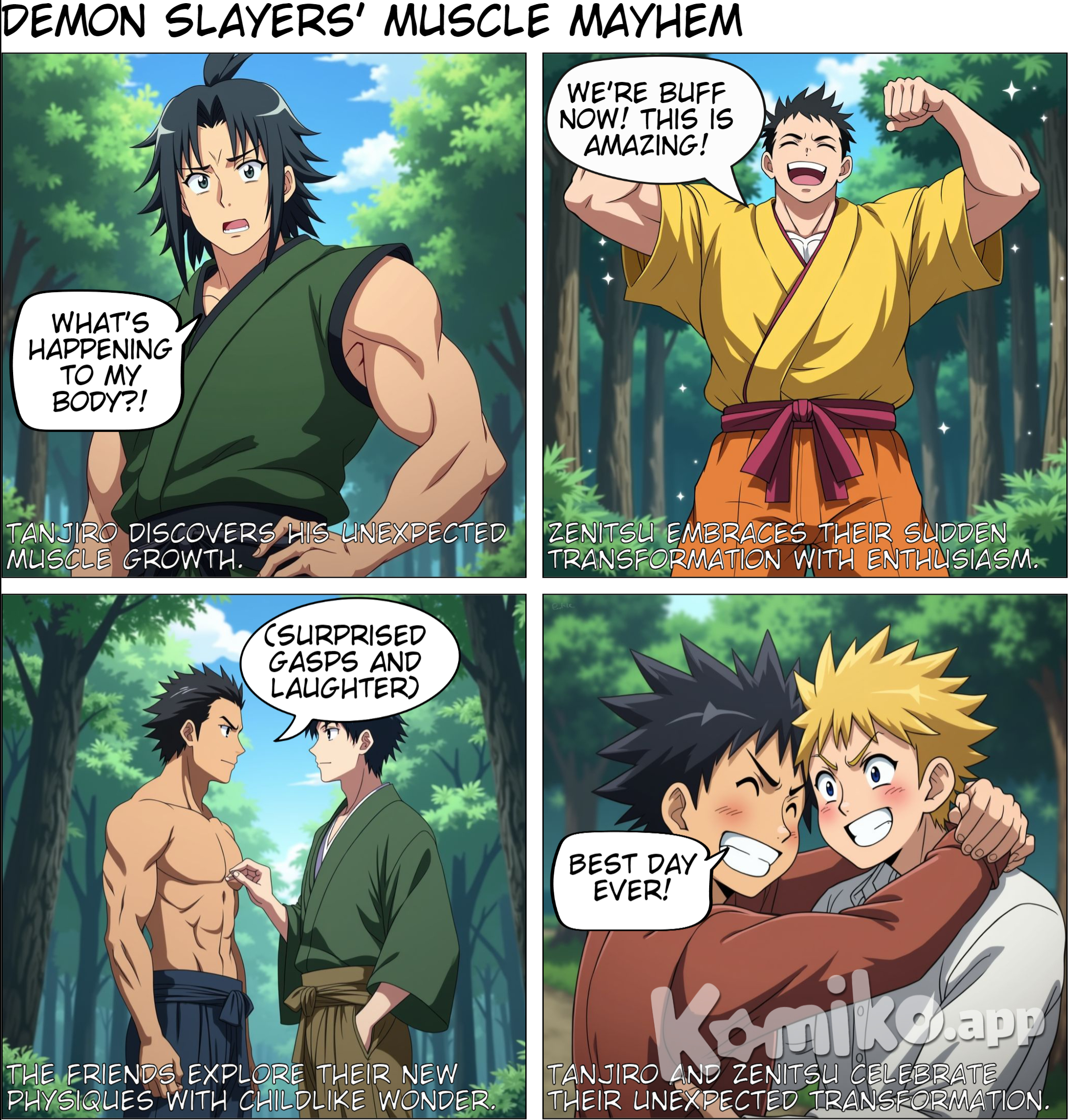 Tanjiro and Zenitsu from Demon Slayer are experiencing unexpected muscle growth. They are very excited about body changes. They are touching each other. Anime/manga style.