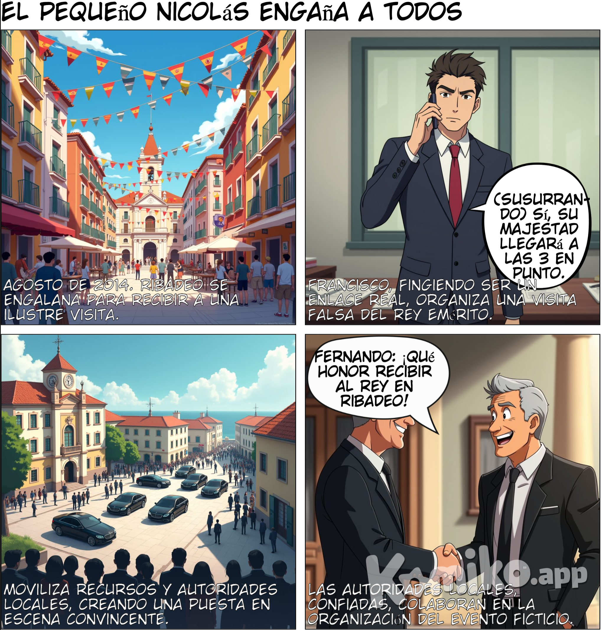 Viñeta 1: 	•	Descripción: Plano general de la plaza principal de Ribadeo, con banderas y adornos, mientras los habitantes se preparan para la supuesta visita del Rey Emérito. 	•	Texto: “Agosto de 2014. Ribadeo se engalana para recibir a una ilustre visita.” Viñeta 2: 	•	Descripción: Plano medio de Francisco Nicolás, vestido con traje formal, hablando por teléfono con expresión seria, coordinando detalles de la visita. 	•	Texto: “Francisco, haciéndose pasar por enlace entre la Casa Real y el Gobierno, organiza una visita falsa del Rey Emérito.” Viñeta 3: 	•	Descripción: Plano general de vehículos oficiales llegando al ayuntamiento de Ribadeo, con escoltas y policías locales formando un cordón de seguridad. 	•	Texto: “Moviliza recursos y autoridades locales, creando una puesta en escena convincente.”   Viñeta 4: 	•	Descripción: Plano medio del alcalde de Ribadeo, Fernando Suárez, estrechando la mano de Francisco, ambos sonrientes, mientras conversan sobre la visita. 	•	Texto: “Las autoridades locales, confiadas, colaboran en la organización del evento.”