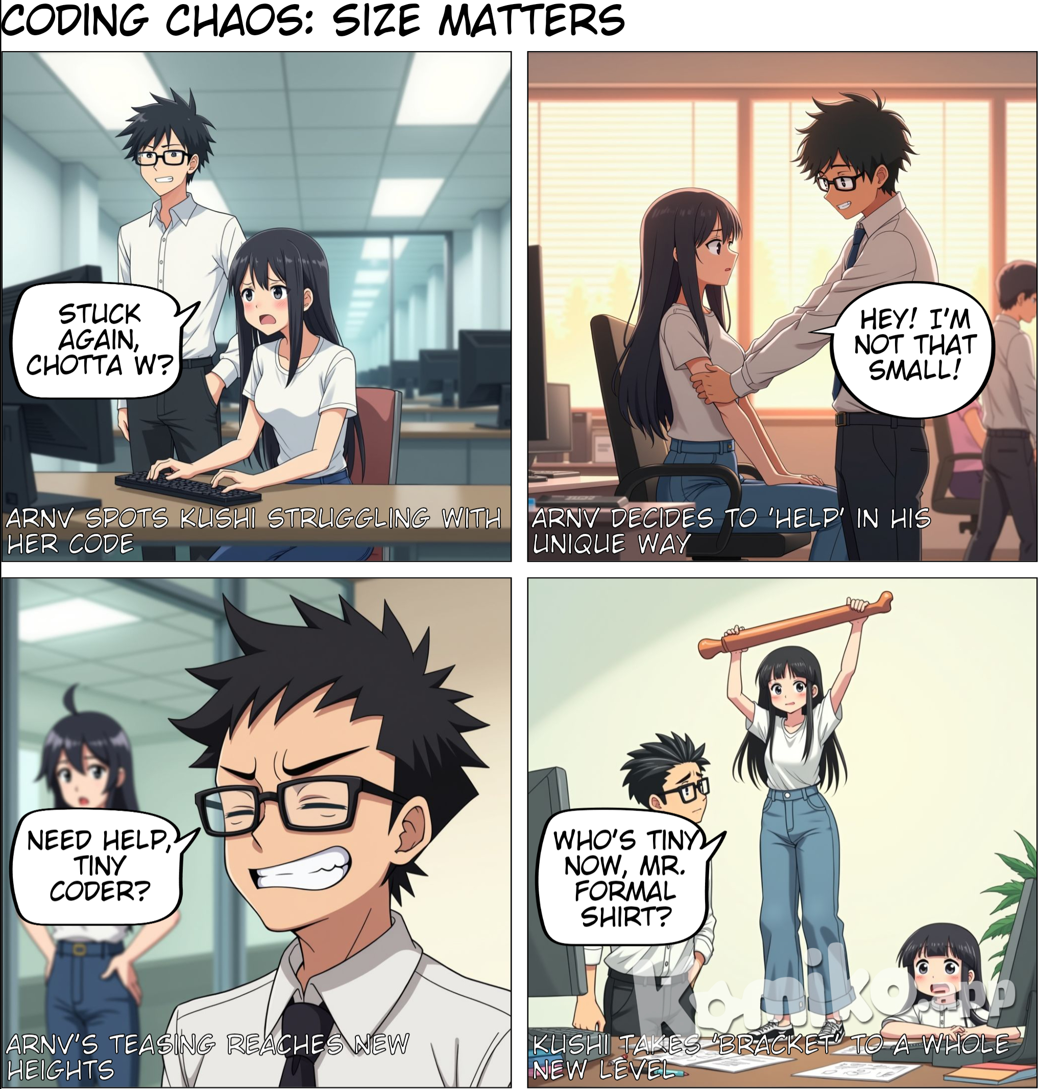 Here's a detailed comic storyboard for your story featuring Kushi and Arnv:   ---  Page 1: The Office Setting  Panel 1 (Full Width)  Scene: Office floor, desks arranged neatly, with a few people working in the background. Kushi (age 23, thin girl, 160cm, long straight hair, wearing high-waisted jeans and a t-shirt) is sitting at her desk, looking at her computer screen. Arnv (age 27, thin guy, 170cm, wears glasses and always dressed in formal white full-sleeve shirts) walks by, glancing at her. Arnv’s Thought Bubble: "Chotta W seems stuck again. Time for a little help."  Panel 2 (One-third Width)  Arnv is pushing Kushi's office chair playfully, rolling her towards his desk. Kushi: "Hey! What are you doing?!" Arnv: "Just helping my favorite small sister." Kushi’s Thought Bubble: "Small sister? I’m not that small!"  Panel 3 (Two-thirds Width)  Close-up of Arnv, grinning, as he pulls her chair around. Arnv: "How's your coding going, Chotta W?" Kushi: "Ugh, stuck again with this program! I need your help!"   ---  Page 2: The Help  Panel 1 (Half Page)  Kushi and Arnv are now at Arnv’s desk. Arnv is pointing at her screen, showing her a part of the code. Kushi: "I just don’t get this loop part!" Arnv (leaning slightly forward