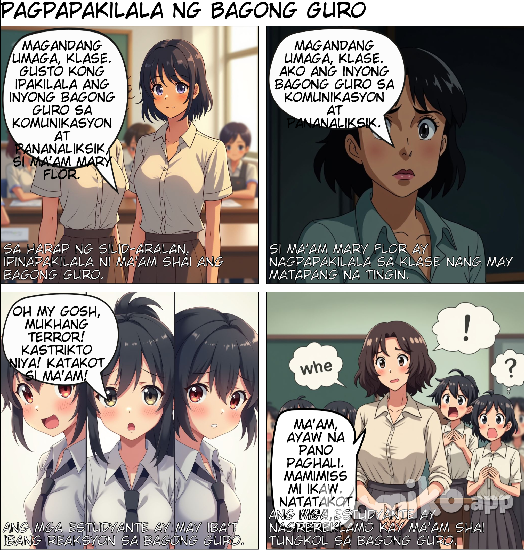 Pagpapakilala  1. Eksena: Sa harap ng room, nakatayo sila Ma’am Shai tas Ma’am Mary Flor. and then mal lagay ka ng  mga estudyante sa background na nakaupo sa kanilang mga upuan, curious ang ekspresyon ng mukha.    Ma’am Shai: "Magandang umaga, klase. Gusto kong ipakilala ang inyong bagong guro sa Komunikasyon at Pananaliksik, si Ma’am Mary Flor."  Ma’am Mary Flor: (Walang sinasabi, pero medyo seryoso ang mukha, diretso ang tindig medyo chubby ang body type, may cheeks, short hair, morena.)   parehas dapat an mukha ni maam mary flor sa una niyan sa gabos  (sa drawing)  Ma’am Shai: Maamo at magiliw ang mukha tas curly ang hair na medyo mahaba.  Ma’am Mary Flor: May parehong uniform o kasuotan kay Ma’am Shai medyo chubby ang body type, may cheeks, short hair, morena.   -------------------   draw ng Close-up kay Ma’am Mary Flor habang nagsasalita sa harap ng klase.     Ma’am Mary Flor: "Magandang umaga, klase. Ako ang inyong bagong guro sa Komunikasyon at Pananaliksik."    ( Drawing)  Medyo  matapang ang tingin and parang napakaistrikto ng aura. and medyo dark unti ang shadow sa background ang parabf creepy aura      ----------------------     Nasa klase, close-up sa iba’t ibang estudyante habang iniisip ang kanilang reaksyon.   (Isip ng mga estudyante):  Estudyante 1: "Oh my gosh, mukhang terror!"  Estudyante 2: "Kastrikto niya!"  Estudyante 3: "Katakot si Ma’am!"    (sa Drawing)  Iba-ibang emosyon sa mukha ng mga estudyante: shocked, worried, at may nagpapakitang takot.      ---------   Naiwan si Ma’am Shai   Umalis si Ma’am Mary Flor, naiwan si Ma’am Shai sa harap ng klase habang ang mga estudyante ay nagrereklamo.  ( dialog)  Estudyante 1: "Ma’am, ayaw na pano paghali."  Estudyante 2: "Mamimiss mi ikaw."  Estudyante 3: "Natatakot kami, Ma’am. Bagang terror teacher idto."   ( sa Drawing)  Ma’am Shai: Maamong nakangiti pero mukhang nag-aalala.  Estudyante: Sabay-sabay nagrereklamo, hawak pa ang dibdib, at may eksaheradong reaction na takot.      ---  Huwebes ng umaga   Naglalakad ang mga estudyante papunta sa silid-aralan, makikita sa background ang signage na "Kom at Pan."   ( Dialog)  Estudyante 1: "Hala, next subject na ang Kom at Pan."  Estudyante 2: (Nervous face) "Ano kayang mangyayari?"    ( sa Drawing:)  Lahat ng estudyante ay naglalakad nang mabagal, may worried expression at may pawis sa noo.      ----------------  Masaya ang Klase  Nasa loob ng silid-aralan, ang mga estudyante ay masiglang nakikinig at nakangiti. Si Ma’am Mary Flor ay nakatayo sa harap at mukhang approachable.   ( Dialog)  Estudyante: "Ang saya pala ni Ma’am Mary Flor!"    ( sa Drawing)  Si Ma’am Mary Flor: Mas relaxed ang ekspresyon, nakangiti habang nagtuturo.  Estudyante: Tuwang-tuwa, nakataas ang kamay para sumagot.