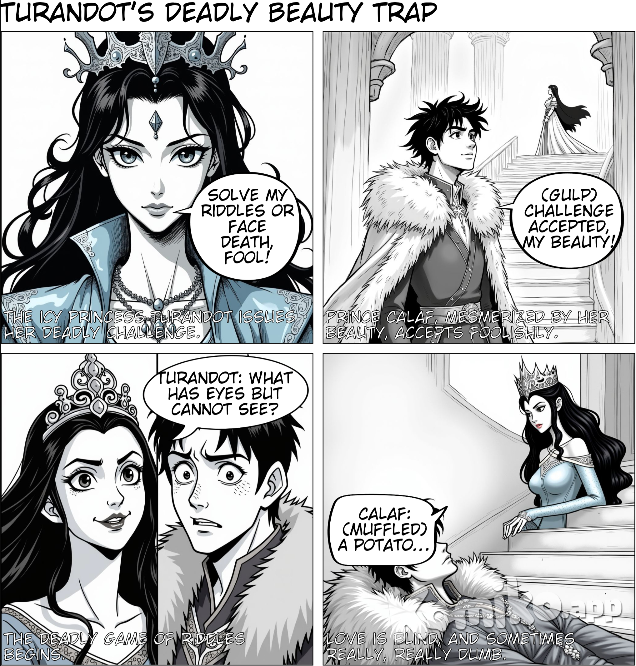 Proud, haughty, beautiful Princess of China, Turandot, in her icy blue robe, challenges Prince Calaf in his fur cloak with her three deadly riddles. He accepts the challenge because she's so beautifu..