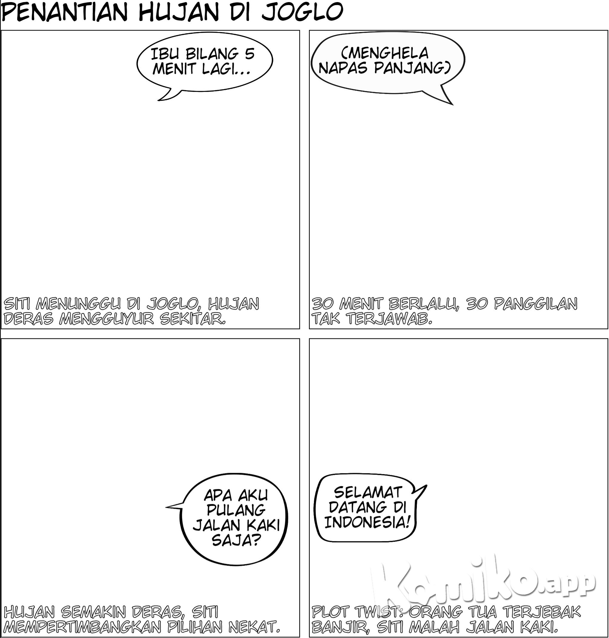 cewe hijab putih baju pramuka tas biru duduk di joglo saat hujan dan menunggu orang tuanya