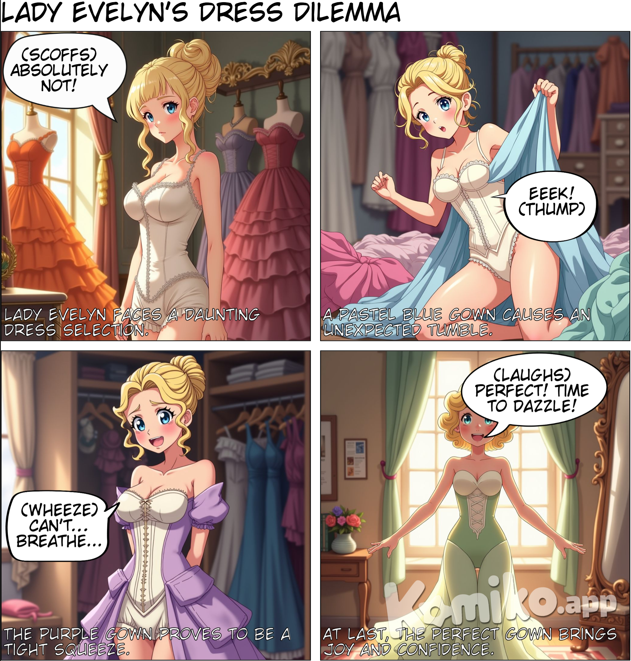 2d anime style, Lady Evelyn, looking flustered, stands in her opulent Victorian dressing room, her golden-blonde hair in a curled updo as she surveys a selection of extravagant gowns. She is in her dressing corset and bloomer shorts. She raises an eyebrow at one particularly ridiculous dress, a bright orange monstrosity. In panel two, she picks out a more subtle pastel blue gown, but as she pulls it out, her arm gets tangled in the fabric, causing her to fall backward into a pile of dresses. In panel three, she finally manages to get into a purple poofy long gown, but it’s a bit too tight, and she struggles to breathe, making an exaggerated face of discomfort. In the final panel, she steps back, finally admiring herself in the mirror with a wide smile, the final pastel green gown fitting perfectly, and her golden-blonde hair elegantly styled. She spins around with a joyful laugh, ready to go to the ball.