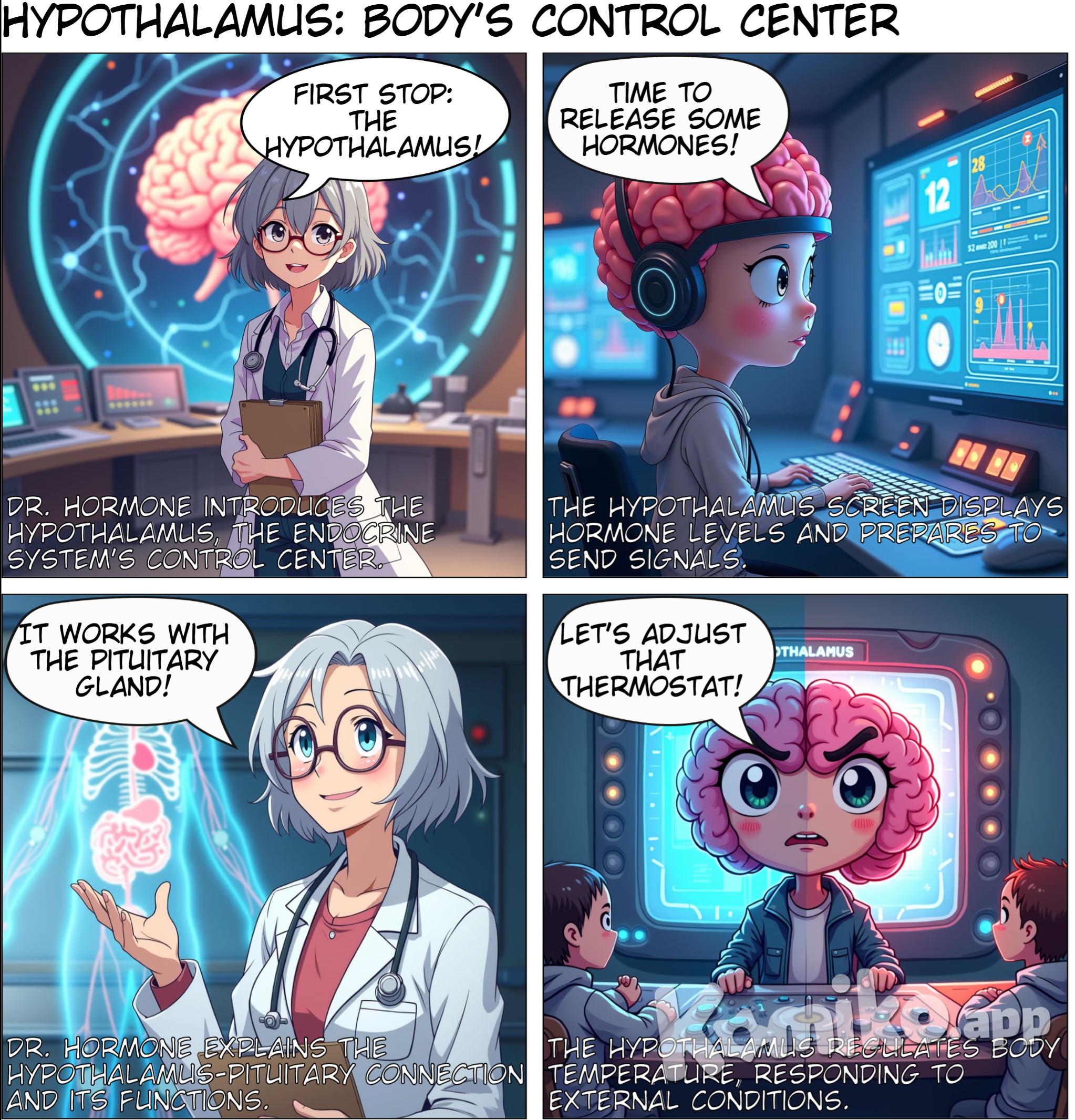 Panel 1: The team is standing in front of the hypothalamus, which is depicted as a control center with a large, digital screen. Dr. Hormone: "First stop: the hypothalamus! This is the control center of the endocrine system. It sends signals to other glands to release hormones." Panel 2: A close-up of the hypothalamus screen showing different hormone levels and signals. Hypothalamus (Thought Bubble): "Time to release some hormones! Let's get this body in balance!" Panel 3: Dr. Hormone explaining to the audience. Dr. Hormone: "The hypothalamus works with the pituitary gland to regulate various functions, like body temperature and hunger."