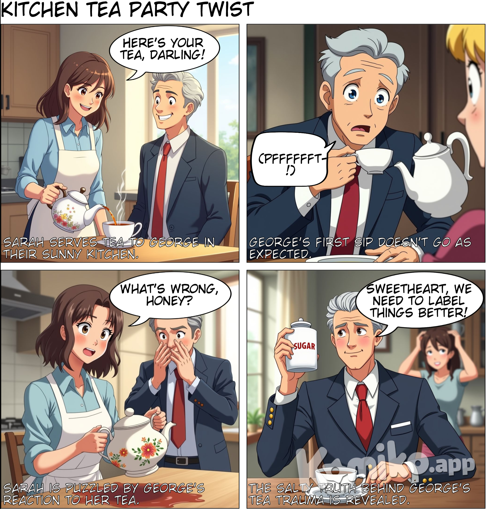 A brown haired woman serves the grey haired man 40s with tie and blue blazer tea at the table in the kitchen and they look very happy