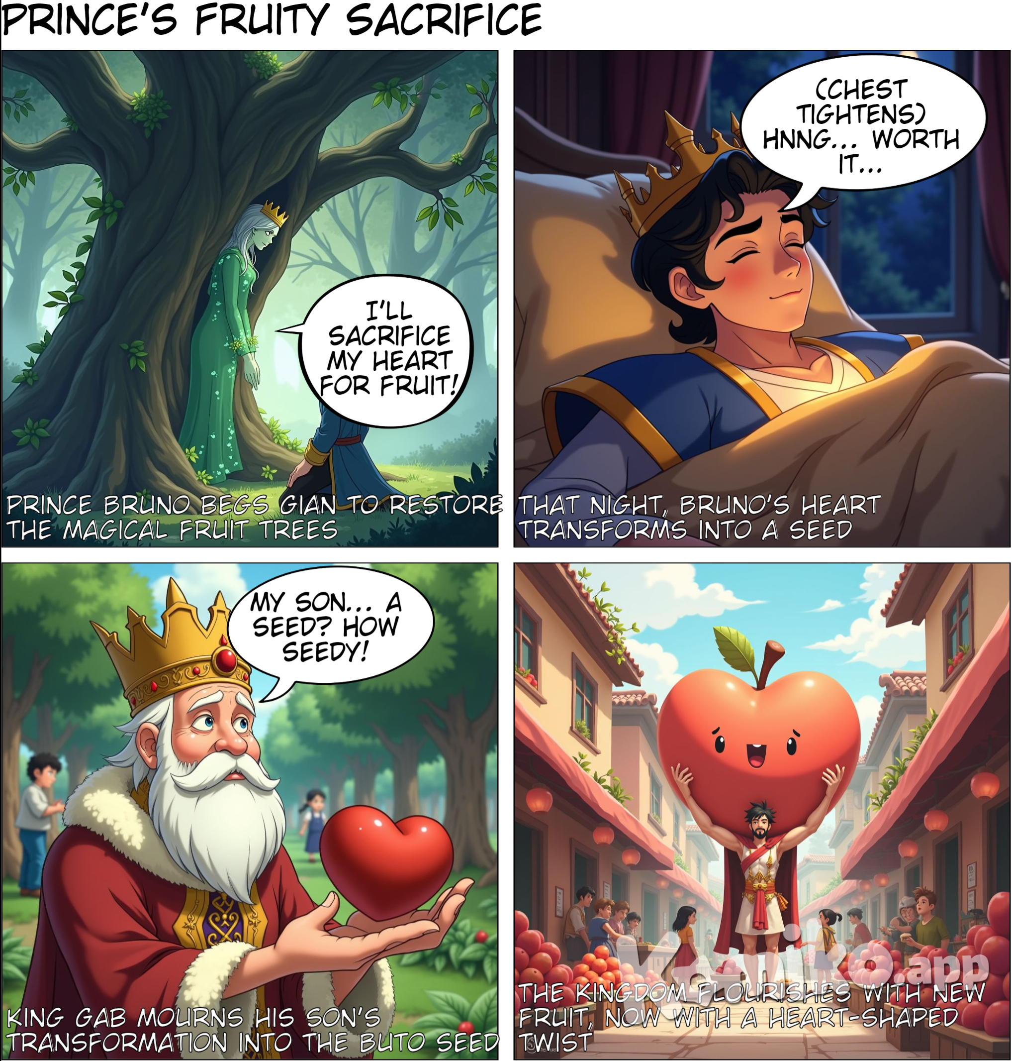 Months passed after Gian’s curse, and famine struck the kingdom. Many people died from the lack of food, and they could not find other fruits to eat. Their livestock also perished. Seeing the suffering in the kingdom, Prince Bruno became deeply saddened. Out of love for his people, he decided to seek out Gian and ask for his forgiveness. He went to King Gab to learn where Gian could be found. “My dear king, I want to find the enchanted being and ask him to restore the joy in the Kingdom of Prosperity. I am deeply saddened by what has happened, and I fear for our future. I am not forcing you, but I hope you grant my request,” said Prince Bruno. “My son, because of your love for our kingdom, here is a map showing where the enchanted being can be found. This map has been passed down from our ancestor, the first king. I hope you succeed in your journey and return safely to the kingdom,” King Gab responded. During his journey, Prince Bruno faced many trials, but he finally reached his destination, the tree of the enchanted being. Gian asked the prince about his purpose for coming. “Prince of the Kingdom of Prosperity, why are you here? What do you seek?” asked Gian. “I want to speak to you about the magical trees. Is there any way to restore them?” Bruno pleaded. “I am sorry, but there is no way to return the gift that your kingdom wasted,” Gian replied. “I am willing to sacrifice my life if it will bring back the magical trees and save my people from famine,” said Prince Bruno. “I sense your good heart. If you are certain of your decision, I will grant your request, but under one condition: your heart will become a seed. However, the trees will no longer bear endless fruit. The people will need to work hard to taste the fruit again. Return to your kingdom, and tomorrow your wish will come true,” Gian said. Prince Bruno returned to the kingdom and told King Gab about his conversation with Gian. The king was heartbroken, but he could not change his son’s decision. That night, the prince fell into a deep sleep, but in the middle of the night, he felt his chest tighten and lost consciousness. The next day, the prince could not be found. On his bed, the king found a small, hard object, shaped like a heart. King Gab realized that this was his son. “This is Bruno, my beloved son,” the king said sadly. In his sorrow, the king buried the heart-shaped object. After a few days, it rained, and as time passed, a tree slowly grew from the prince’s burial site. Months later, the tree bore fruit similar to the magical fruit. When the people tasted the fruit, they noticed that there was now a hard seed inside it, something that had not been there before. The king remembered his conversation with Gian and named the seed “Buto.” As the enchanted being had said, the tree no longer produced endless fruit. The people had to plant the seed, nurture it, and wait for it to grow into a tree before they could enjoy its fruit. The famine ended, the people learned to value their blessings, and joy returned to the kingdom.