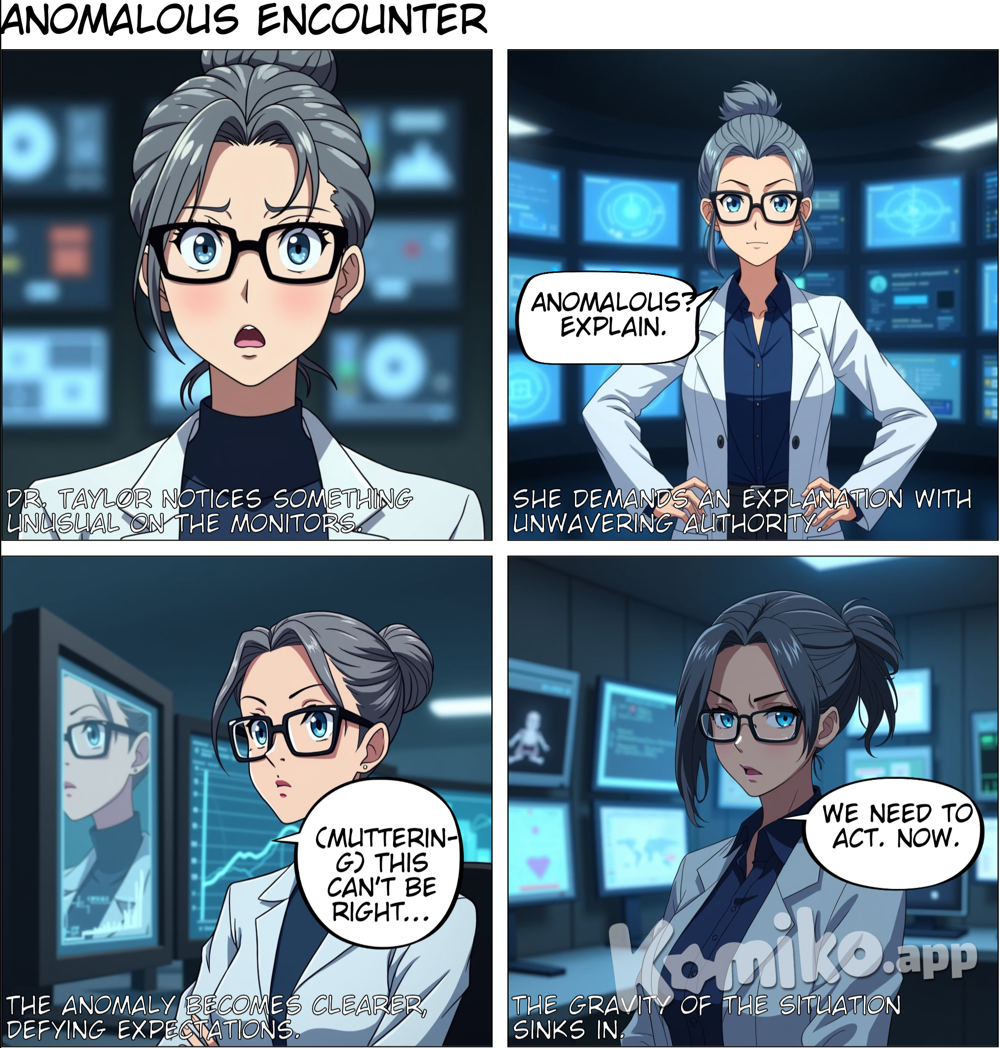Dr. Emma Taylor, a woman with sharp features and an air of authority, steps into view. Her eyes flicker between the monitor screens and you, her expression stern as she processes the information presented to her. "Anomalous? Explain," she demands, her gaze never leaving the screens.