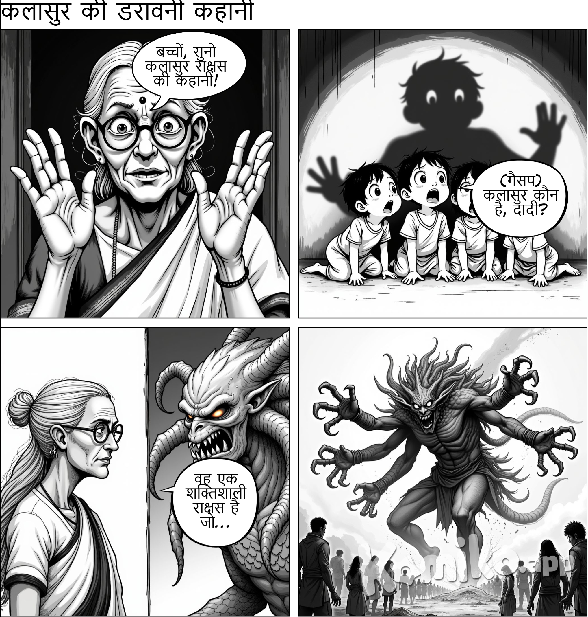 A grandmother telling her four children about the story of rakshas (demon) kalasur who devours human beings to survive, he has many abilites such as shapeshifting
