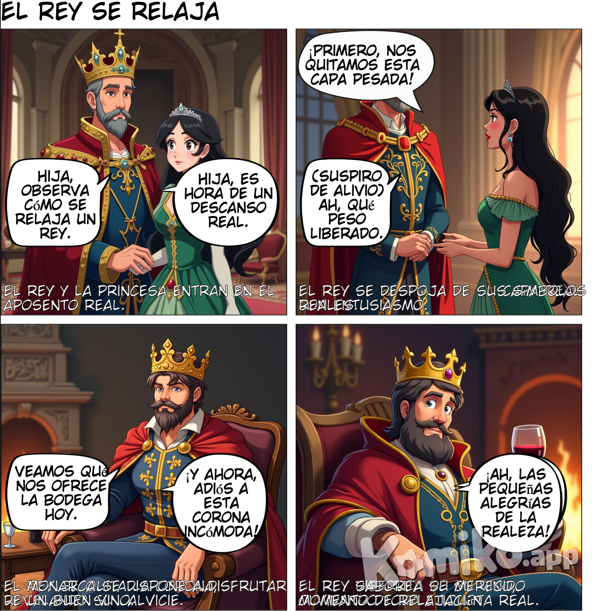 Secuencia de escenas, tipo comic, un rey entra a un aposento con su hija, luego se quita la capa y corona, se dispone. a beber un vino
