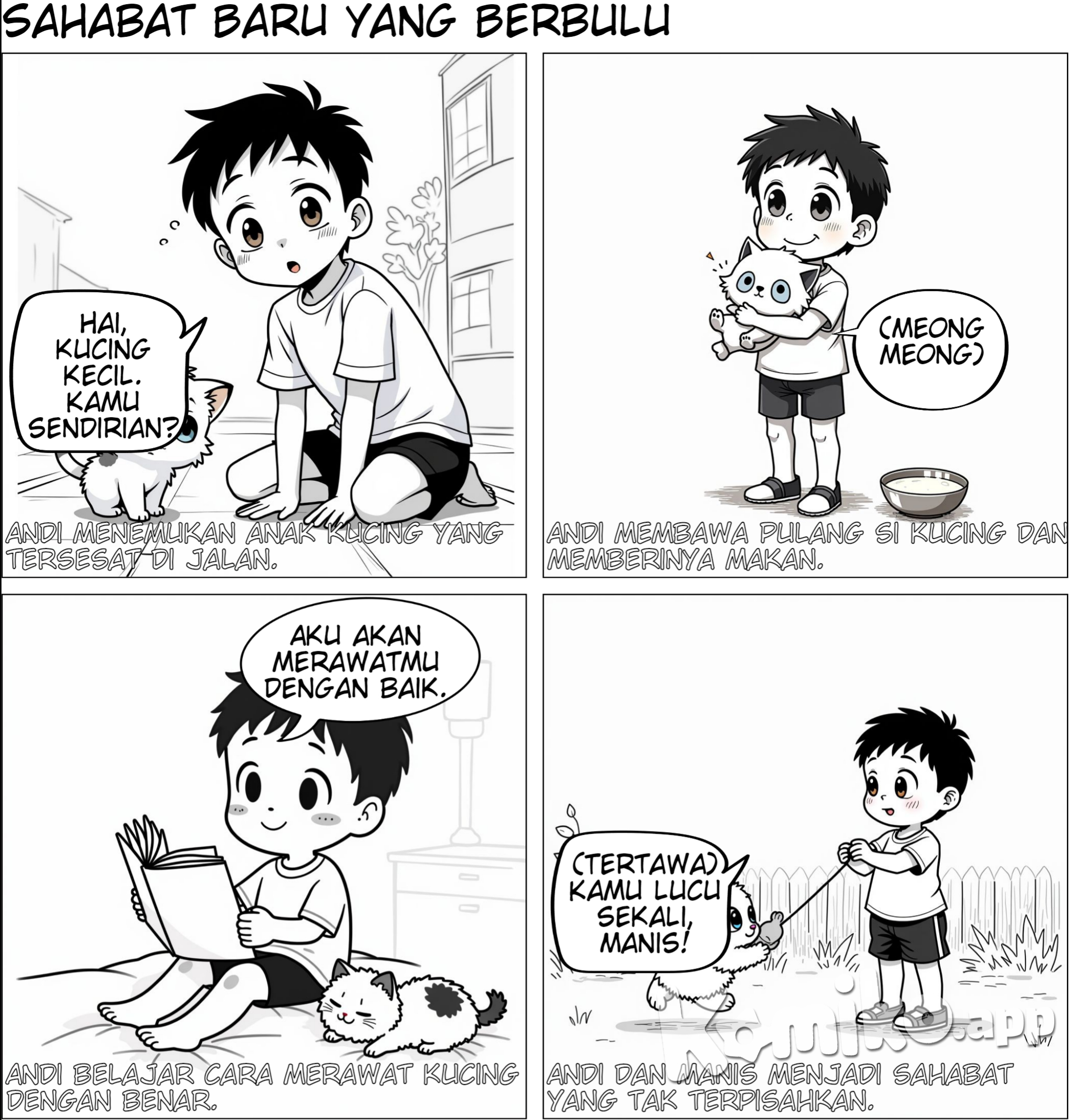 seorang anak yang bertemu anak kucing lalu ia merawatnya dan memeliharanya