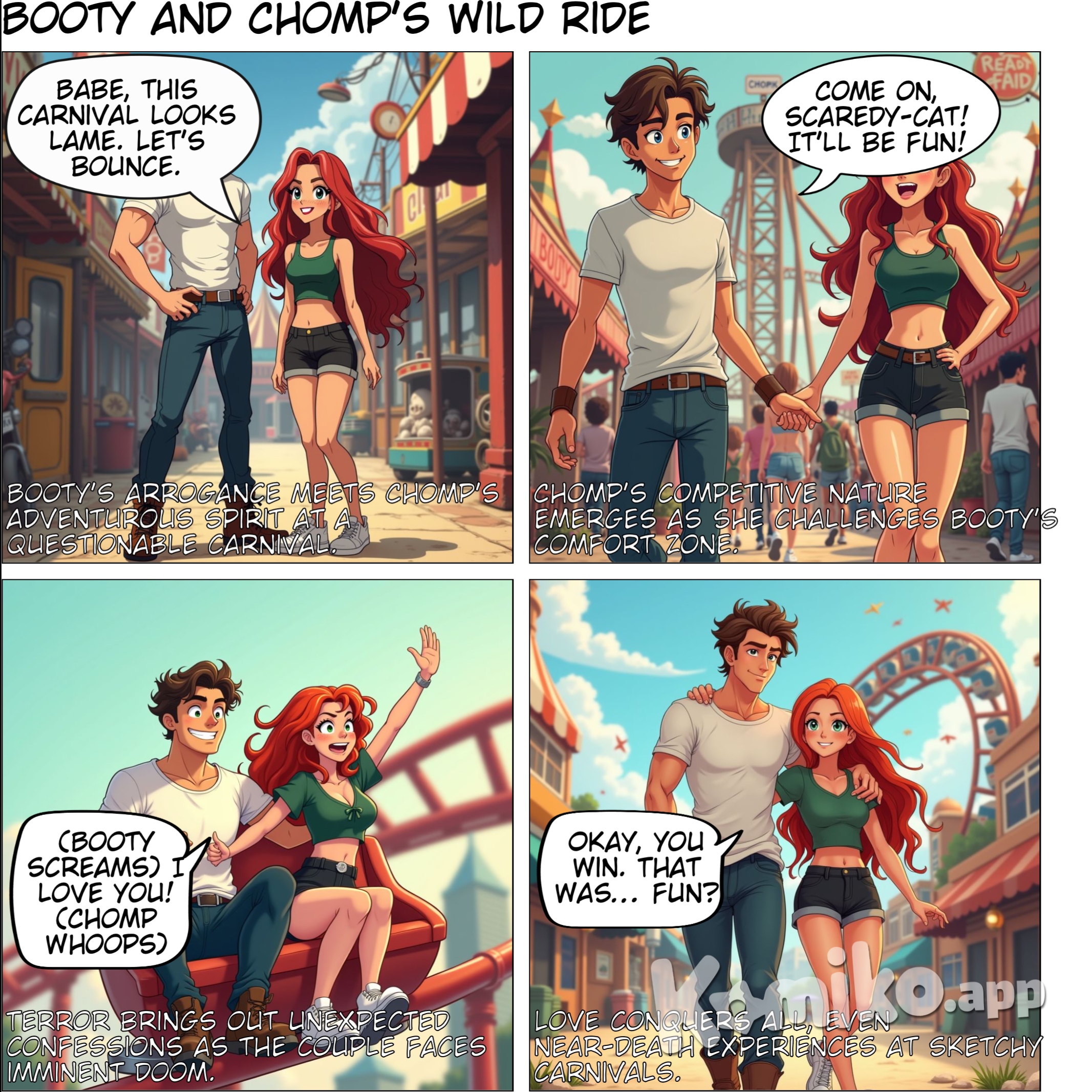 Booty is a charismatic handsome young man. His character is sweet, he loves his girlfriend, although he can be a little arrogant. Chomp is Booty’s girlfriend. She is a beautiful young woman who is competitive and has a fun sense of adventure. She is funny and loves her boyfriend. Booty and Chomp go on a short adventure together that ends happily.