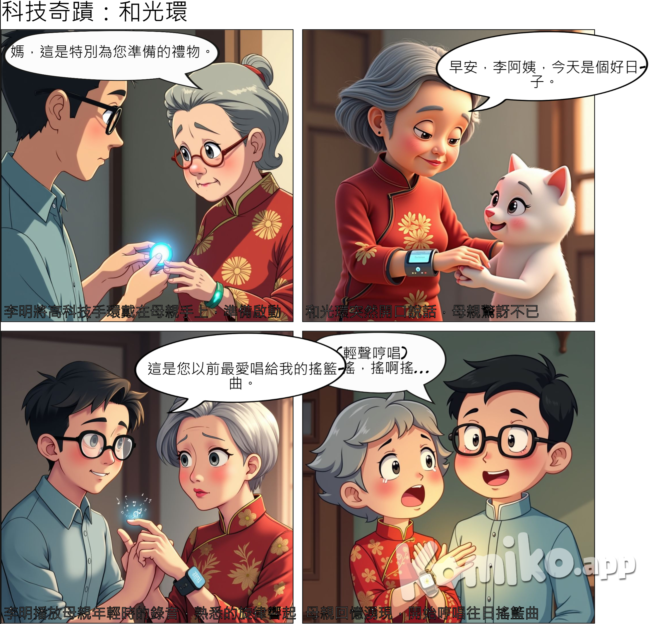 第二幕：科技的奇蹟  場景 李明將“和光環”戴在母親的手腕上，按下啟動按鈕。手環的界面亮起，一道柔和的聲音響起。  手環：早安，李阿姨，今天是個好日子。  母親（愣住，訝異地看著手環）：它……在跟我說話？  李明（微笑）：是啊，它會提醒您重要的事情，還會幫您記住以前的點滴。  李明輕觸手環，播放了一段母親年輕時的錄音。錄音中傳來母親清亮的歌聲。  母親（眼神突然明亮起來）：這……這是我唱的歌！  李明（眼含淚光）：對，媽，這是您以前最愛唱給我的搖籃曲。  母親輕聲哼唱，眼角漸漸濕潤。