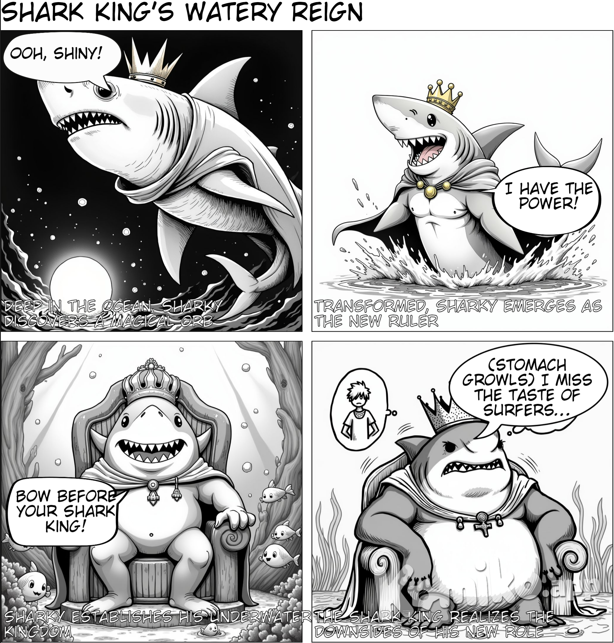 A shark gets magic power from the ocean and becomes a king that rules the world.