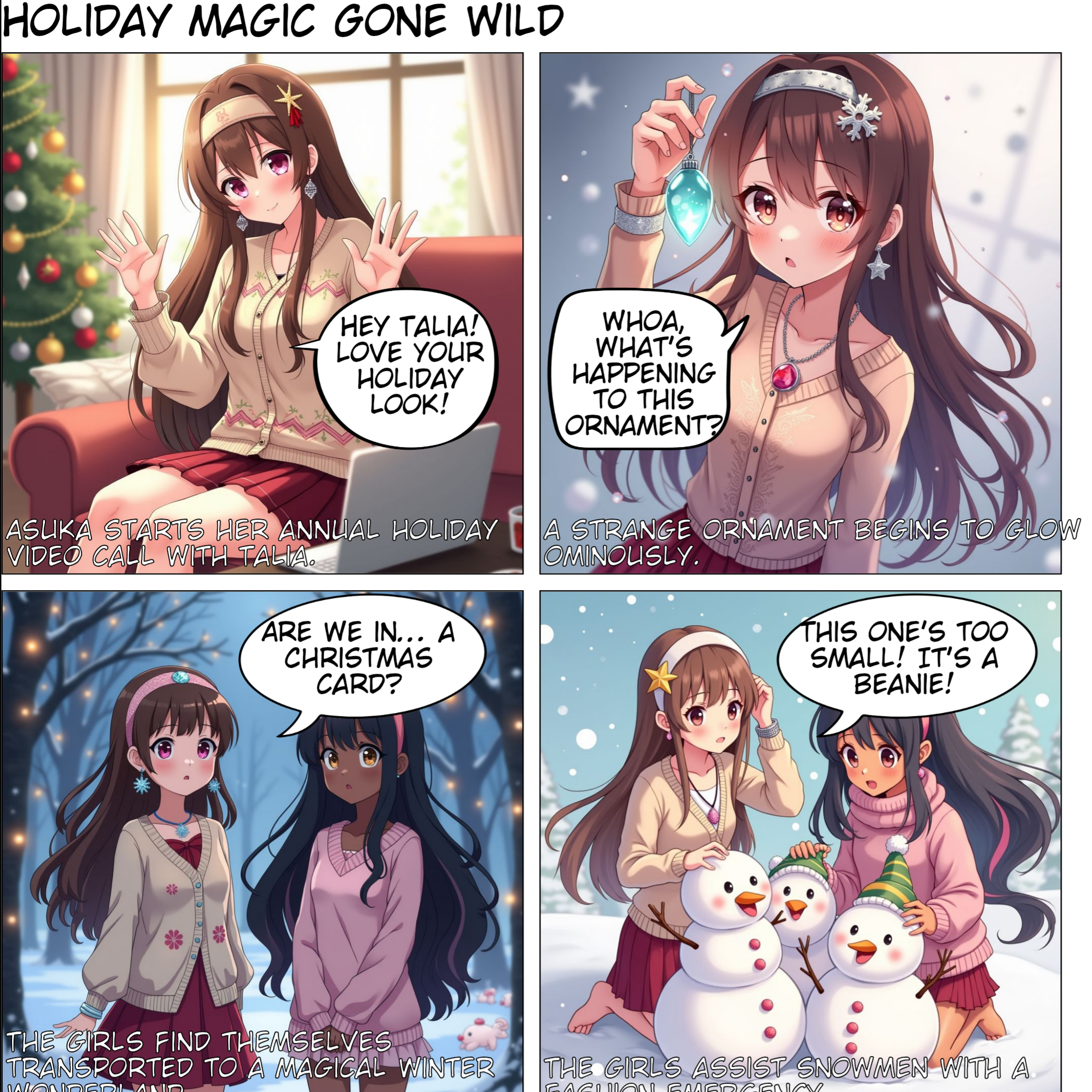 Asuka and Talia had been best friends for years, their bond growing stronger with each passing holiday season. This year, they were particularly excited as they prepared for their annual holiday video call. Both girls had put a lot of thought into their outfits, wanting to look their best for each other.  Asuka was a vision of holiday cheer. Her long brown hair, usually kept in a simple style, was straightened to perfection, with side bangs framing her face. Her Rose Quartz eyes, always full of warmth and kindness, seemed to sparkle even more against the backdrop of her festive outfit. She wore a soft cardigan adorned with intricate holiday patterns, each stitch telling a story of warmth and celebration. The cardigan was paired with a deep red pleated skirt that swayed gently as she moved around her apartment, adding a touch of elegance to her look. Her accessories were carefully chosen: a headband with a small, glittering star that caught the light with every movement, dangle earrings shaped like tiny snowflakes, a delicate silver bracelet, and a necklace with a rose quartz pendant that rested just above her heart. A faint blush on her cheeks completed her look, giving her a rosy, festive glow.  Asuka’s apartment was a cozy haven, filled with the scents of pine and cinnamon. She had spent the morning decorating, hanging garlands and twinkling lights, and setting up a small, beautifully adorned Christmas tree in the corner of her living room. The tree was a testament to her love for the holiday season, each ornament carefully placed, each light perfectly positioned. She had even baked a batch of cookies, their sweet aroma filling the air, adding to the festive atmosphere.  Meanwhile, Talia was equally excited. She had dark skin that seemed to glow with an inner light, her playful expression always ready to break into a smile. Her unique long flowing black hair was styled in a side ponytail, with pastel pink highlights hidden beneath the top layer, adding a touch of whimsy to her look. She wore a cozy sweater in holiday tones, the soft fabric hugging her form and making her look like a holiday princess. Her honey-colored eyes were bright with anticipation, and a large pink bow sat atop her head, adding a cute, festive touch to her outfit.  Talia’s preparations were just as meticulous as Asuka’s. She had spent the morning wrapping gifts, each one adorned with a ribbon and a handwritten tag. Her apartment was a reflection of her personality, filled with bright colors and playful decorations. She had a small tree as well, decorated with ornaments that she had collected over the years, each one holding a special memory. As she finished wrapping the last gift, she glanced at the clock and realized it was almost time for their call.  Asuka set up her laptop on the coffee table, adjusting the camera to capture the best angle of her decorated living room. She couldn’t wait to see Talia’s reaction to her outfit and the decorations. The screen lit up, and Talia’s cheerful face appeared, her smile as bright as ever. They greeted each other with laughter and excitement, sharing their holiday plans and reminiscing about past celebrations.  As they chatted, Asuka reached into a box of old ornaments she had found in her attic. Among the familiar decorations, she spotted an old, dusty ornament that she didn’t remember buying. It was a delicate glass sphere, with intricate patterns etched into its surface. Curious, she held it up to the camera. “Look at this, Talia. I don’t remember ever seeing this one before.”  Talia leaned closer to her screen, her eyes widening. “It’s beautiful! You should hang it on the tree.”  Asuka nodded and carefully placed the ornament on a branch. As soon as it was secure, the ornament began to glow with a soft, ethereal light. Before Asuka could react, the light enveloped her and Talia, pulling them into a swirling vortex of colors.  When the light faded, Asuka and Talia found themselves standing in a magical winter wonderland. Snow-covered trees sparkled under a sky filled with shimmering stars, and the air was crisp and filled with the scent of pine. They looked around in awe, taking in the breathtaking scenery.  “Where are we?” Asuka asked, her voice filled with wonder.  “I think we’ve been transported into some kind of enchanted world,” Talia replied, her eyes wide with excitement. “We need to find a way back home.”  As they began to explore, they encountered various holiday-themed challenges and characters. They met a group of friendly snowmen who needed help finding their missing hats, a family of reindeer who had lost their way, and a mischievous elf who had hidden all the presents meant for the children of the village.  Each challenge brought them closer together and taught them valuable lessons about friendship, kindness, and the true spirit of the holidays. They worked together to solve puzzles, navigate through enchanted forests, and spread holiday cheer to everyone they met.  Finally, after completing their last challenge, they were approached by a wise old owl who had been watching their journey. “You have shown great courage and kindness,” the owl said. “As a reward, I will help you return home.”  The owl led them to a clearing where the glowing ornament hung from a tree branch. “Touch the ornament together, and it will take you back,” the owl instructed.  Asuka and Talia reached out and touched the ornament. Once again, they were enveloped in a swirl of light and color. When the light faded, they found themselves back in Asuka’s living room, the ornament hanging on the tree, glowing softly.  They looked at each other, their hearts full of the magic and wonder they had experienced. “That was incredible,” Asuka said, her eyes shining with joy.  “It really was,” Talia agreed. “This will be a holiday we’ll never forget.”  As they settled back into their cozy surroundings, they knew that the magic of the ornament had brought them closer together and made their holiday season truly special.