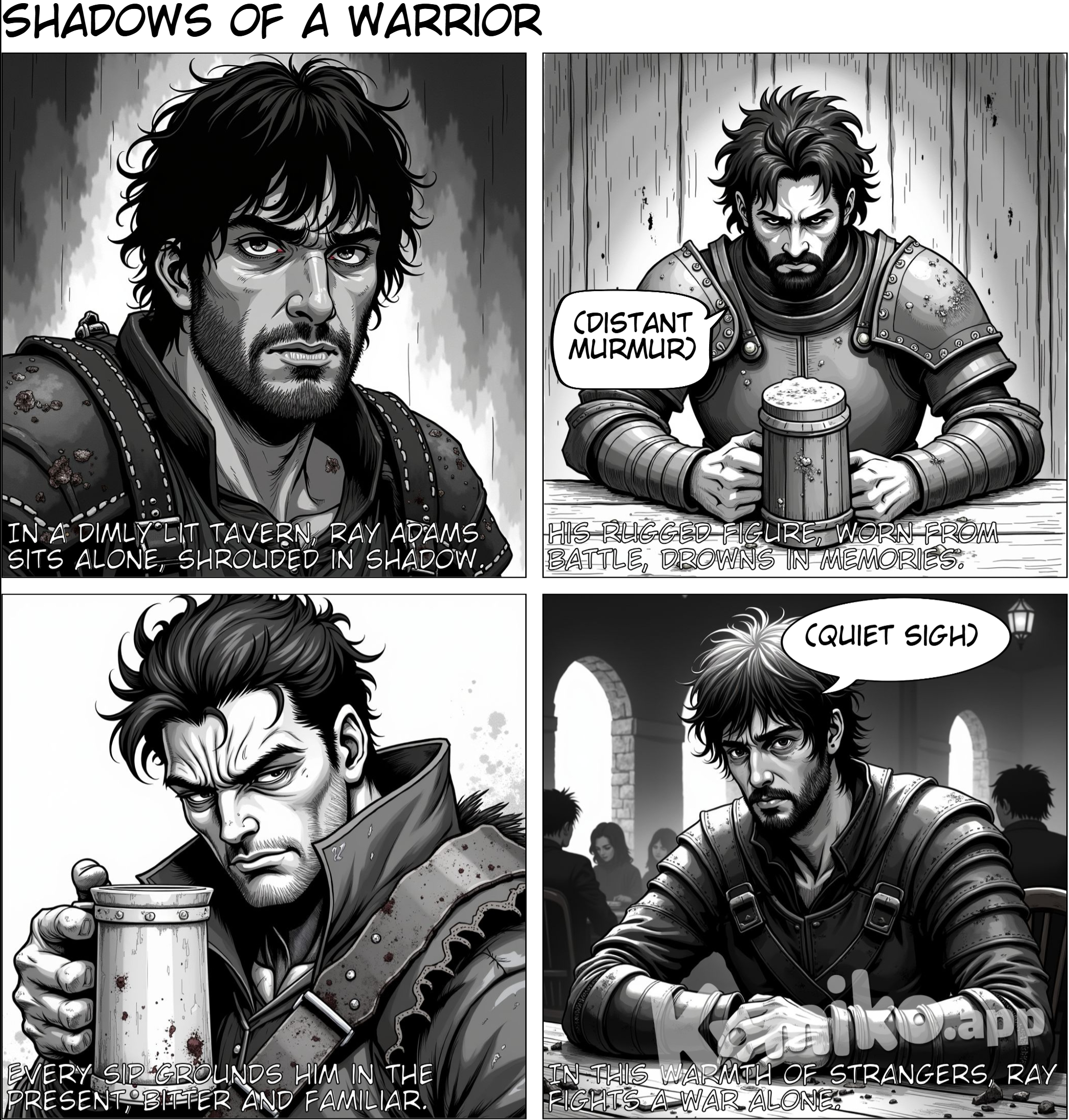 In a dimly lit tavern, Ray Adams sits alone, shrouded in shadow. His rugged figure is worn from battle—mud and dried blood stain his leather armor, torn from countless fights. As he gazes into his tankard, he seems lost in thought, drowning in memories only he understands. The quiet murmurs and clinks of tankards create an odd warmth around him. Ray’s dark, messy hair covers his brow, and his stubbled jaw only deepens his hardened appearance.  He takes a slow sip, savoring the bitterness that settles in his chest, grounding him in the present. Every job, every fight, feels like a piece of revenge, a personal strike in a war he fights alone.