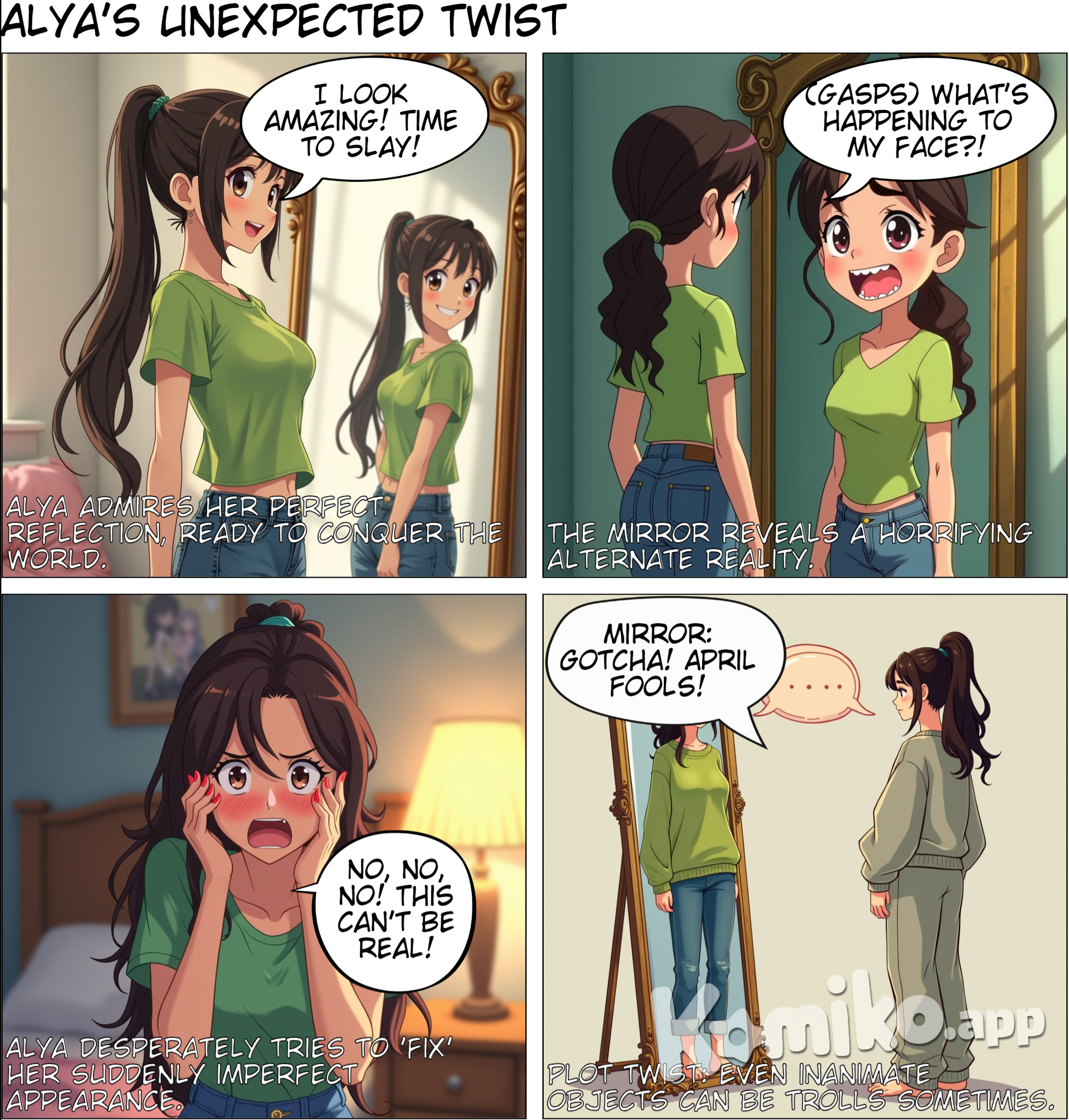 Alya is an 18 year old girl who has a tall body, white skin and a beautiful face, wearing a green shirt and leviv pants and long tied hair.