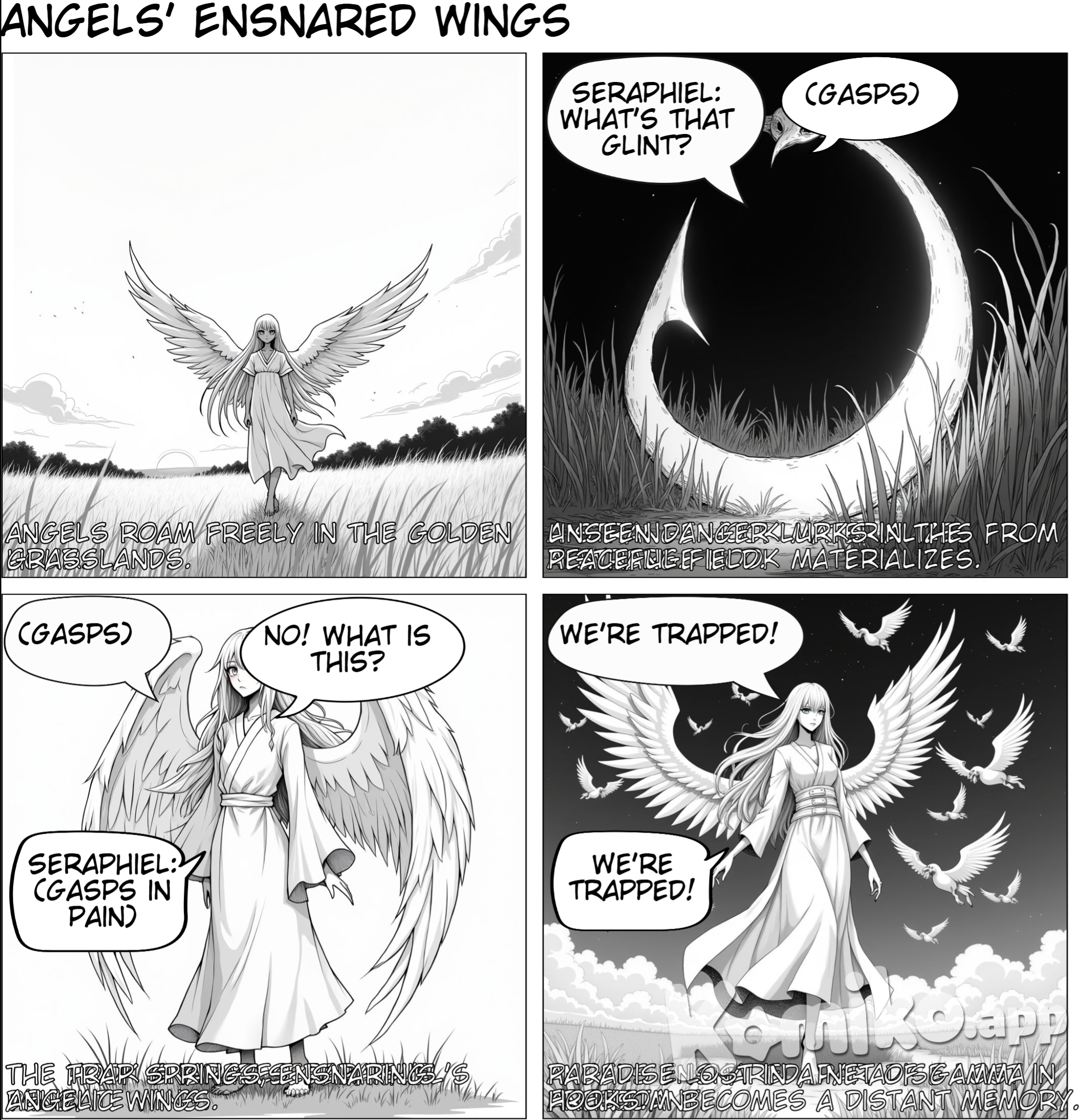 Sc:1 Ext. DRY GRASSLAND - DAY (evening golden hour) Angels are walking in a dry grassland area very freely but all of a sudden they are being trapped with gamma fishing hooks attached to the string. The angels are being hooked in their wings