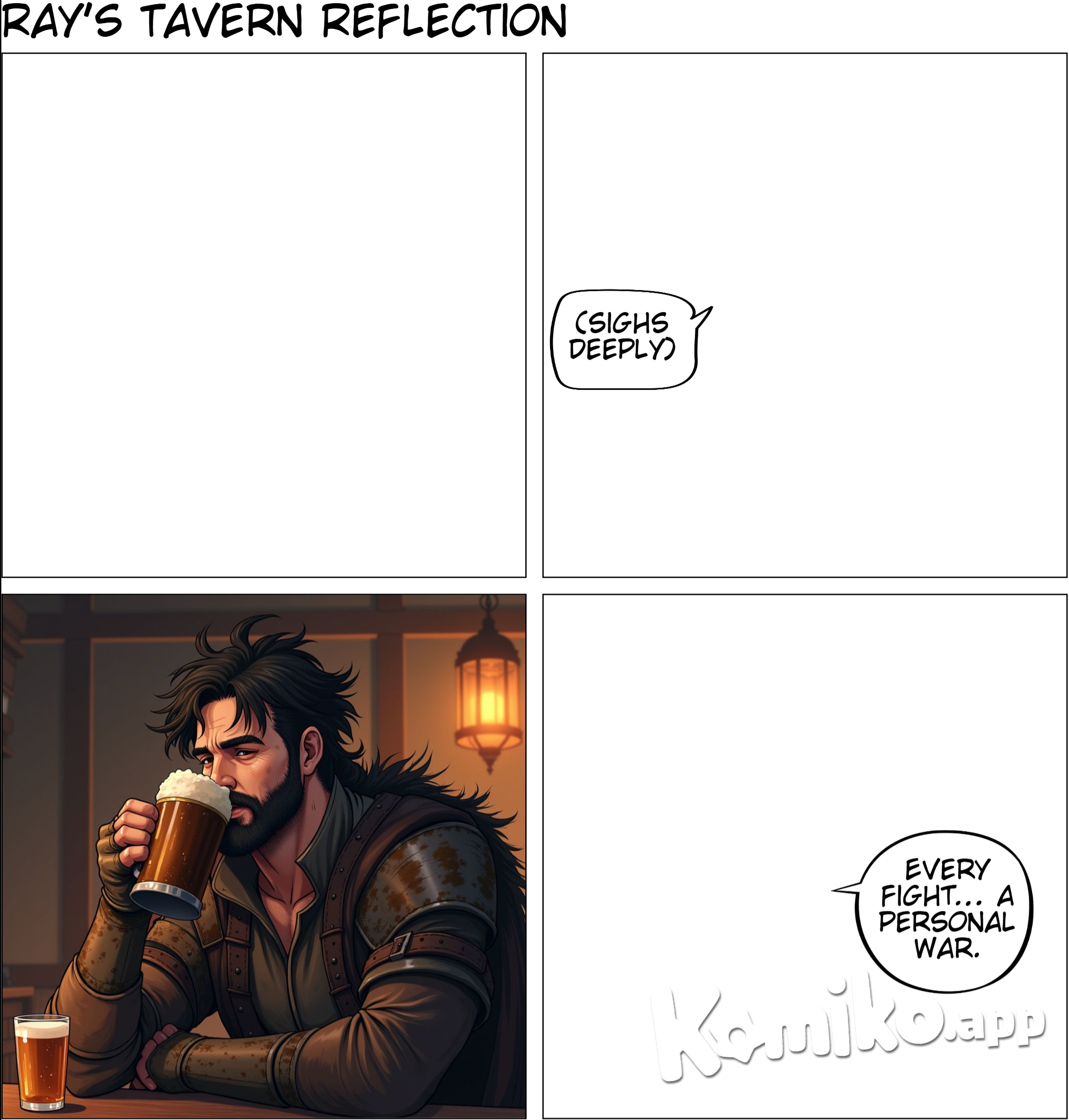 In a dimly lit tavern, Ray Adams sits alone, shrouded in shadow. His rugged figure is worn from battle—mud and dried blood stain his leather armor, torn from countless fights. As he gazes into his tankard, he seems lost in thought, drowning in memories only he understands. The quiet murmurs and clinks of tankards create an odd warmth around him. Ray’s dark, messy hair covers his brow, and his stubbled jaw only deepens his hardened appearance. He takes a slow sip, savoring the bitterness that settles in his chest, grounding him in the present. Every job, every fight, feels like a piece of revenge, a personal strike in a war he fights alone.