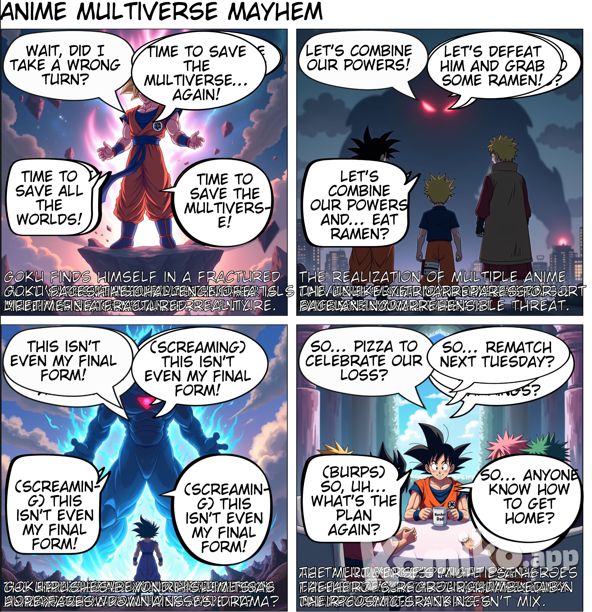 Multiverse Adventure Start: "Goku standing on a floating rock in a shattered multiverse, surrounded by glowing portals leading to different anime universes (Naruto, One Piece, Bleach, Attack on Titan), manga style, high detail, dynamic pose, vibrant colors, cosmic background." Alliance of Heroes Scene: "Naruto, Luffy, and Goku standing together on a futuristic city rooftop, preparing for battle, a dark shadowy villain towering in the distance, manga style, dramatic lighting, intense expressions, detailed armor and clothing." The Final Showdown: "Goku powering up to Super Saiyan Blue, his aura illuminating a vast battlefield filled with fallen heroes from multiple anime worlds, a towering villain with glowing red eyes preparing a final attack, manga style, high detail, action-packed scene, epic scale." Travel Between Worlds: "Goku flying through a glowing portal with energy swirls, glimpses of different anime worlds visible in the background, manga style, adventure tone, cinematic wide shot." Gathering the Team: "Goku sitting at a round table in a floating castle, surrounded by anime characters like Naruto, Luffy, Ichigo, and Eren Yeager, all discussing a plan to defeat a cosmic-level villain, manga style, detailed characters, dramatic shadows."