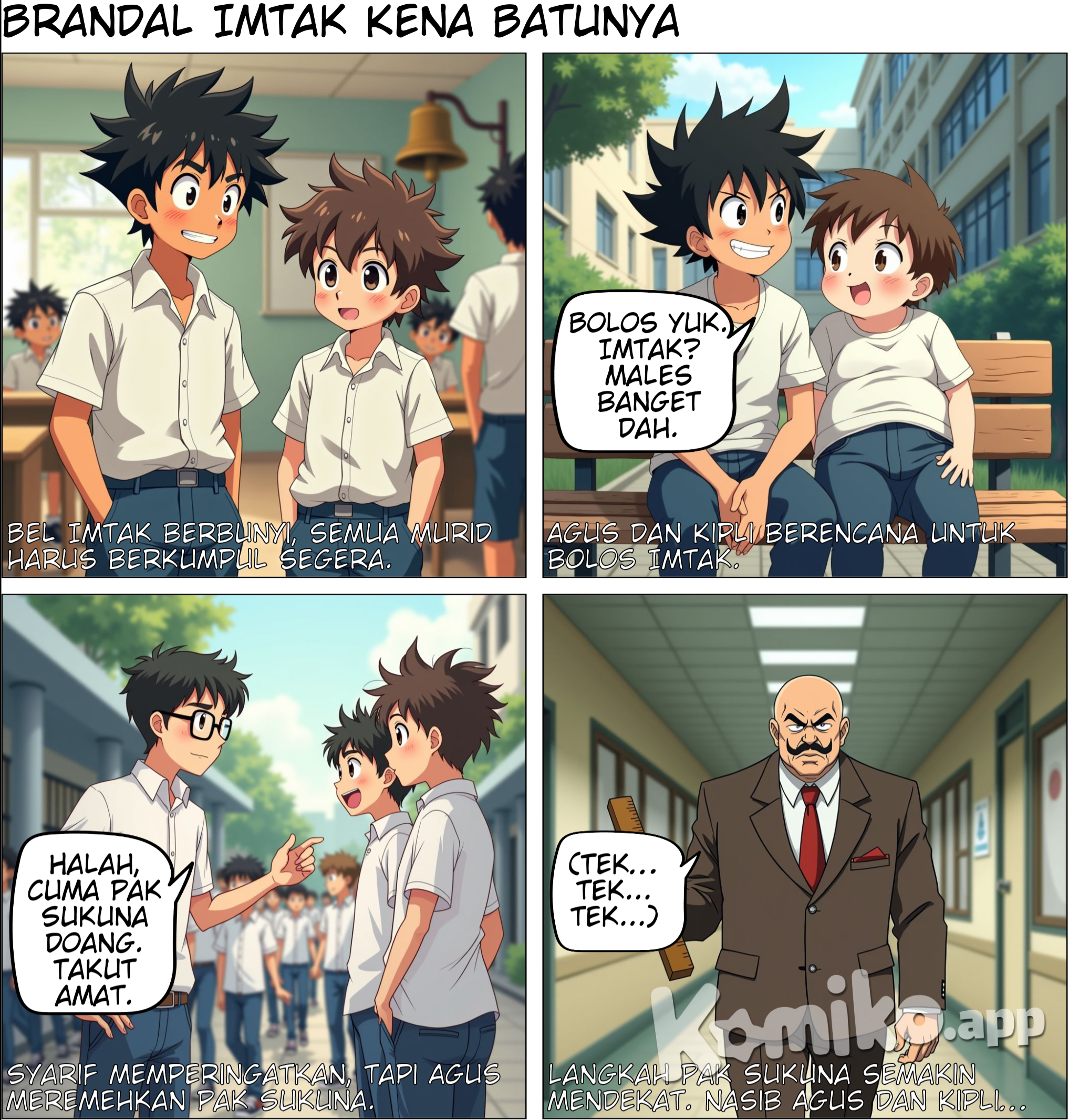Title: Brandal Imtak Panel 1: (Image: The condition of the classroom is busy with students preparing to take part in the morning Imtak. Several students are seen talking and moving outside the classroom.) Text (sound effect): "Kriiingg!" Text (narration): "The Imtak bell rang, indicating that all students must gather immediately." --- Panel 2: (Image: Agus and Kipli sitting on a bench, apparently whispering about something. They don't seem interested in following Imtak.) Agus (whispering to Kipli): "Please, let's skip class. What are you doing, Imtak? I'm really lazy." Kipli (enthusiastic, replying to Agus): "Gazzz! Agreed!" --- Panel 3: (Image: Syarif approaches Agus and Kipli with a serious face. In the background, several students are preparing to go to the hall.) Syarif (reminding them): "Gus, Pli, come on, come with Imtak. Mr. Sukuna has already started traveling around." Kipli (sighs, lazily): "That's really bad, bro." Agus (grinning, dismissively): "Halah, it's just Mr. Sukuna. Very scared." --- Panel 4: (Image: Mr. Sukuna is seen from afar, his footsteps are heard approaching the class. His face is serious and looks ready to take action against students who play truant.) Text (sound effect): "Tek... tek... tek..." Text (narration): "Mr. Sukuna's steps are getting closer."