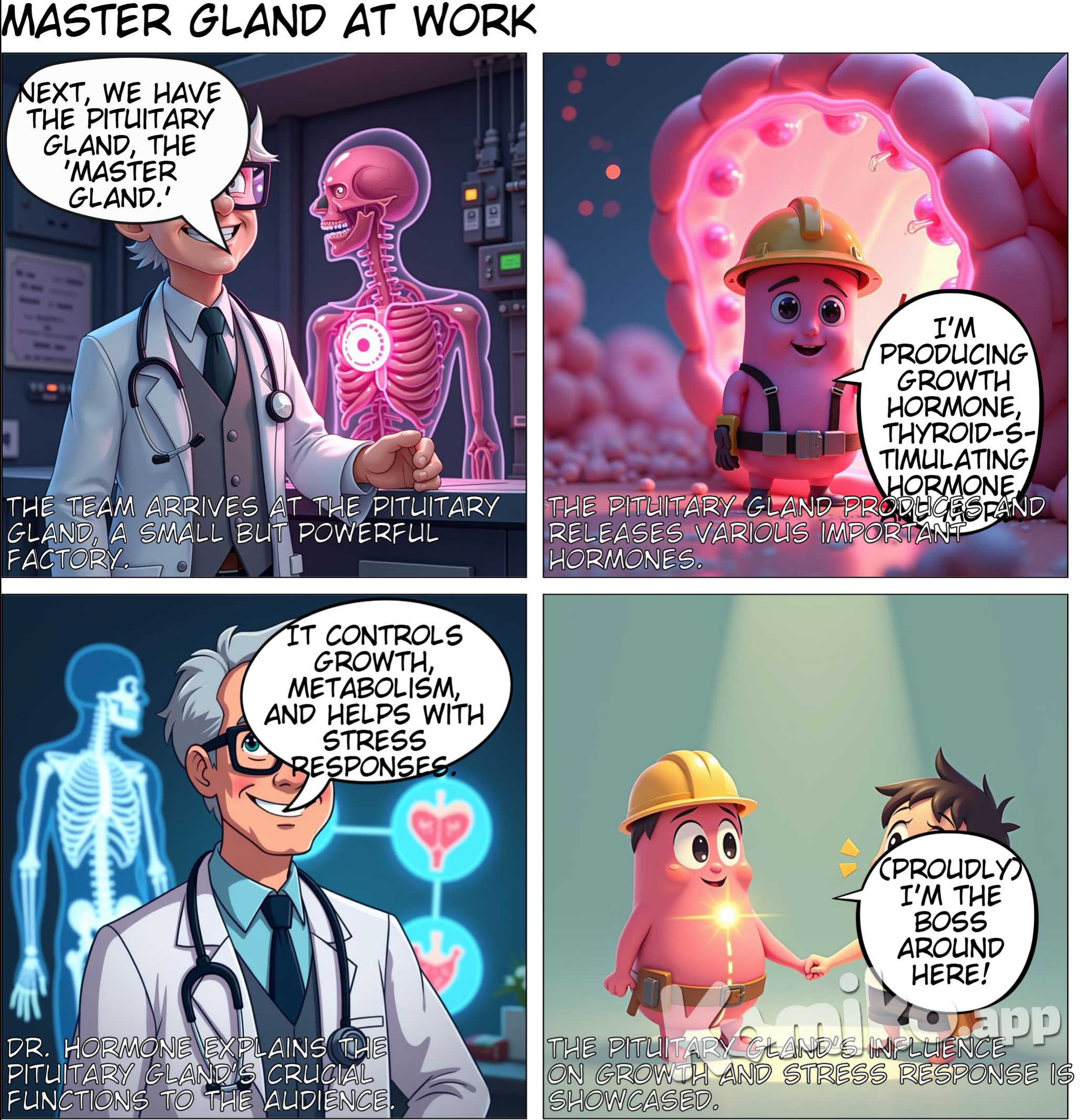 Panel 1: The team is now at the pituitary gland, which is depicted as a small but powerful factory. Dr. Hormone: "Next, we have the pituitary gland, often called the 'master gland.' It produces and releases many important hormones." Panel 2: A close-up of the pituitary gland with various hormones being produced and released. Pituitary Gland (Thought Bubble): "I'm producing growth hormone, thyroid-stimulating hormone, and more! I'm the boss around here!" Panel 3: Dr. Hormone explaining to the audience. Dr. Hormone: "The pituitary gland controls growth, metabolism, and even helps with stress responses."