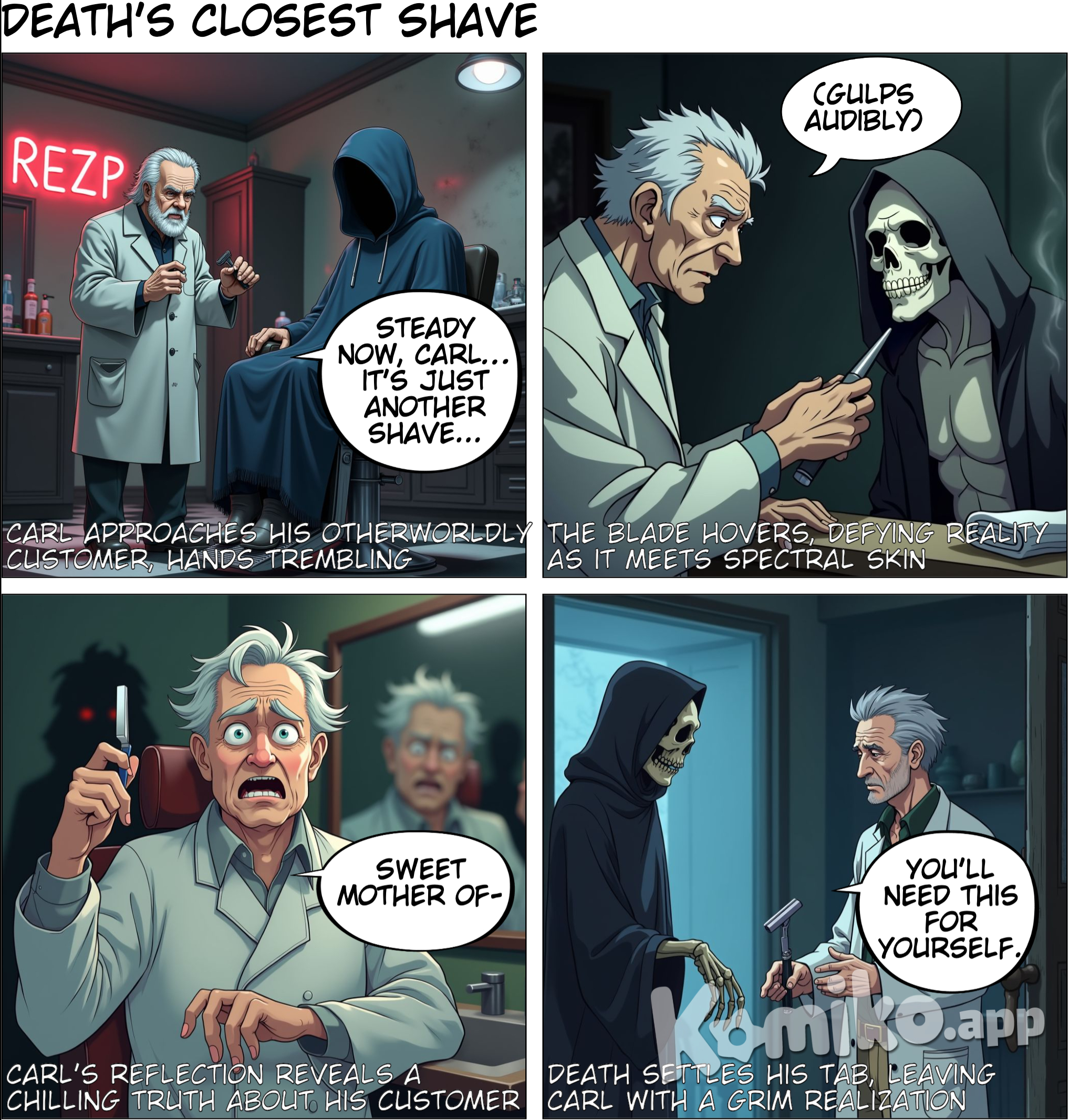 **Title: "The Last Shave"** *Narrator's voice, low and eerie:* There’s a barbershop in a small, forgotten corner of town—one of those places you walk by without a second glance, as if it had always been there and always would be. The kind of place where time seems to stop, and the clocks, if there are any, only tick in whispers. The flickering neon sign outside reads: **"Carl’s Cuts."** No one really knew Carl, but they all knew his shop. People said he never aged. His razors were always sharp, his blades... unforgiving. Some swore by his straight razor, the kind used in a wet shave—a hot towel, a smooth lather, the cold steel sliding against skin. A perfect cut every time, they said. But no one noticed how some men walked into Carl’s... and never came out. One stormy night, the bell over the door jingled, and in walked a tall figure. His coat was soaked, dripping onto the black-and-white tiled floor. Carl, always calm, glanced up from his chair. There was something off about this man. His face was pale, almost translucent, and his eyes... well, they weren’t quite there at all. The stranger sat down without a word, gesturing to the barber’s chair. Carl’s hands shook for the first time in years as he reached for the straight razor. *“Wet shave?”* Carl asked, forcing a smile. The stranger nodded, his bony hand slowly pulling away the scarf from his neck, revealing skin stretched tight—too tight. As Carl prepared the lather, the lights flickered. A chill ran through the air. He applied the hot towel, but the steam seemed to dissipate too quickly, leaving behind only coldness. Carl tried to steady his hand as he approached with the razor, but something told him this was no ordinary customer. The blade touched the man's skin, and Carl gasped. The razor didn’t shave; it *sliced* through the air, gliding over the skin without resistance. Not a hair fell, not a drop of blood spilled, and yet the man was perfectly clean-shaven with each pass. As Carl continued, his heart raced. He glanced at the mirror in front of him, and what he saw chilled him to the bone. There was no reflection of the man in the chair—just the chair itself, empty... but still, he shaved. Carl wanted to stop, but his hands moved on their own, tracing the hollow of the stranger’s jaw, the sharp cheekbones, until at last... the shave was done. The man stood, turning to face Carl, who could feel his heart pounding against his chest. *“Thank you,”* the man whispered, his voice dry and cold as winter’s breath. He reached into his coat, pulling out a silver coin and placing it on the counter. But before Carl could respond, the man’s eyes—those dark, empty sockets—met his. *“You’ll need this for yourself,”* the stranger said, his bony fingers tapping the razor Carl still clutched. And in that moment, Carl knew who had been sitting in his chair. The bell rang as the door opened and closed, but Carl didn’t move. He stood there, frozen, staring at the coin on the counter... until it crumbled into dust. The next morning, they found Carl. Eyes wide open, razor clutched in his hand, his face as clean-shaven as ever. But Carl wasn’t breathing. He never would again. *And as for the shop?* They say it’s still there, hidden in plain sight. You might even walk by it someday, but be careful. Because if you walk in... you might just get the closest shave of your life.* *End.* The tall character is the grim reaper. This should be the scene where Carl tries to steady his hand as he approaches with the straight razor.