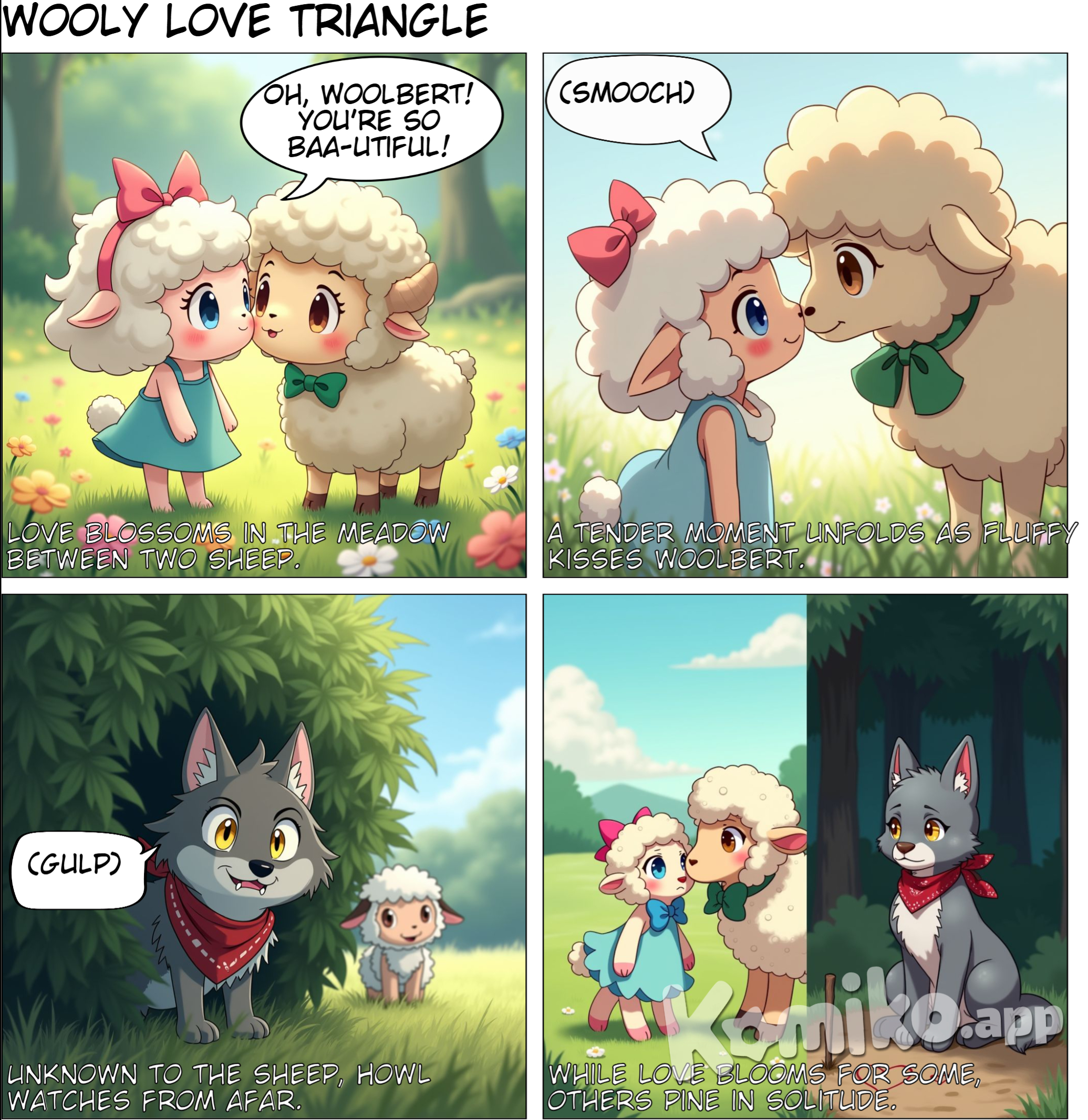 a sheep girl kisses another sheep the wolf is jealous