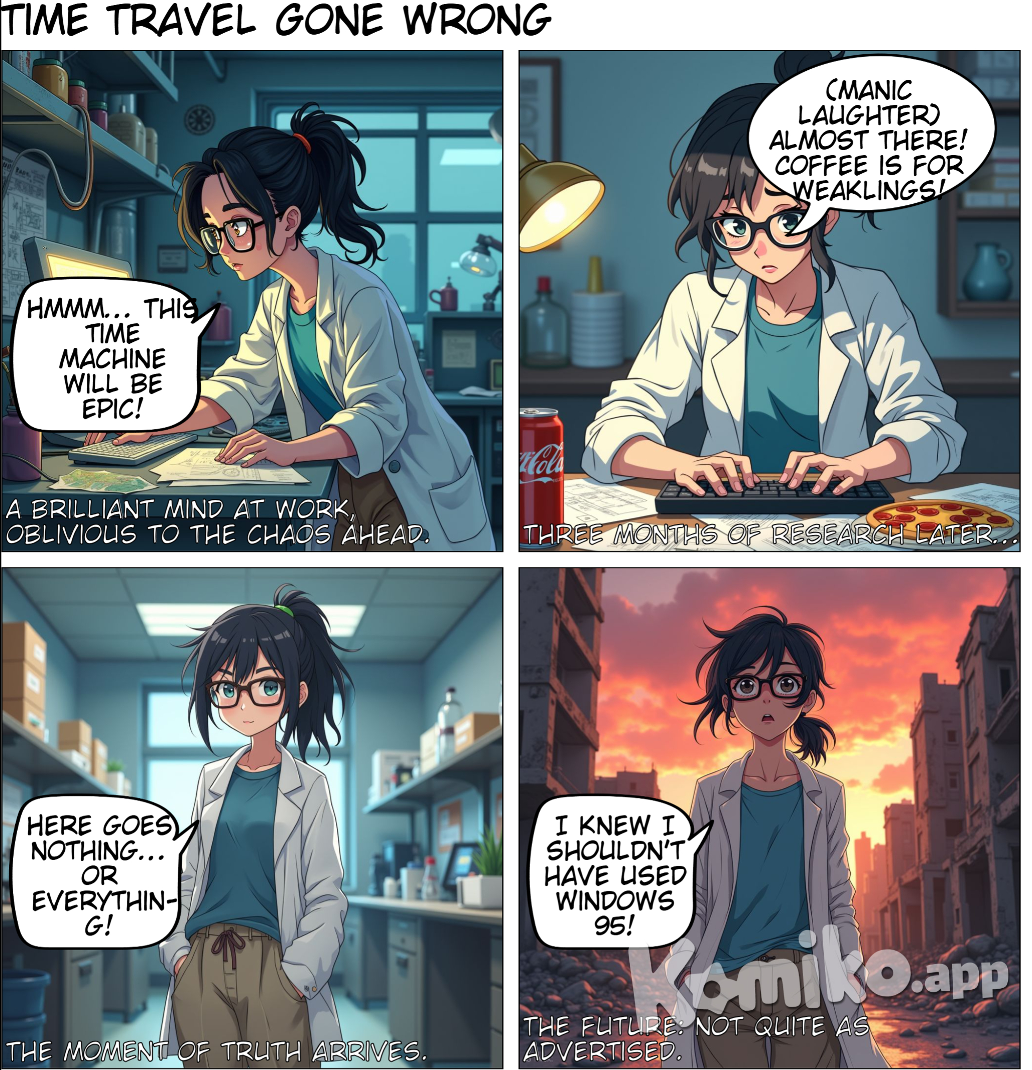 Panel 1: The girl in the high-tech lab leans over a desk filled with intricate blueprints, various gears, and tangled wires, casting an intent gaze at a computer screen. Her expression is one of deep focus, her dark hair pulled back, and her glasses reflecting the screen’s glow. The lab around her is a mix of metal, circuit boards, and futuristic tools, giving it a cyberpunk vibe. She murmurs, “Hummm…”  Panel 2: With a caption reading “Three months of research later...,” the girl, now looking slightly older and more determined, types furiously on her keyboard. Papers and diagrams are scattered around, and her posture shows fatigue but fierce concentration.  Panel 3: The time machine stands completed, sleek with flashing lights, metallic textures, and a distinctly futuristic design. The girl stands in front of it, both proud and nervous, as she thinks, “Here goes nothing...”  Panel 4: She steps out of the machine into a dazzling futuristic cityscape. Towering buildings reach toward the sky, flying cars zoom by, and people walk around in advanced tech-inspired clothing. The girl’s eyes widen in awe, her expression mixed with fear and wonder as she takes in the overwhelming sights.